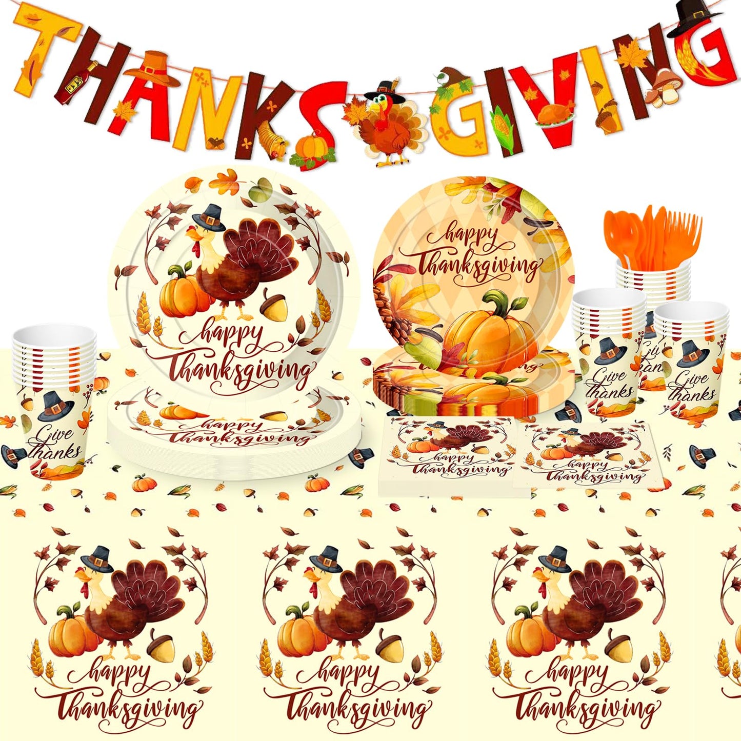 Sertokm 170PCS Fall Thanksgiving Party Plates and Napkins Set - Disposable Tableware with Banner, Pumpkin Tablecloth, Cups and Utensils