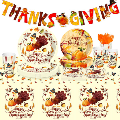 Sertokm 170PCS Fall Thanksgiving Party Plates and Napkins Set - Disposable Tableware with Banner, Pumpkin Tablecloth, Cups and Utensils
