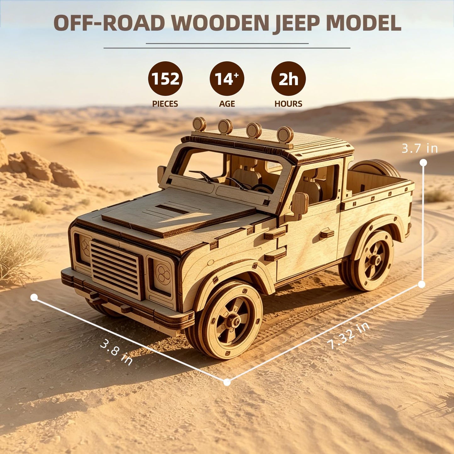 KOLOTESAME Vintage Off-Road Pickup Truck DIY 3D Wooden Puzzle Model, Classic Pickup Car Wooden Model Kit with Moving Doors & Wheels, 152 Pieces Craft
