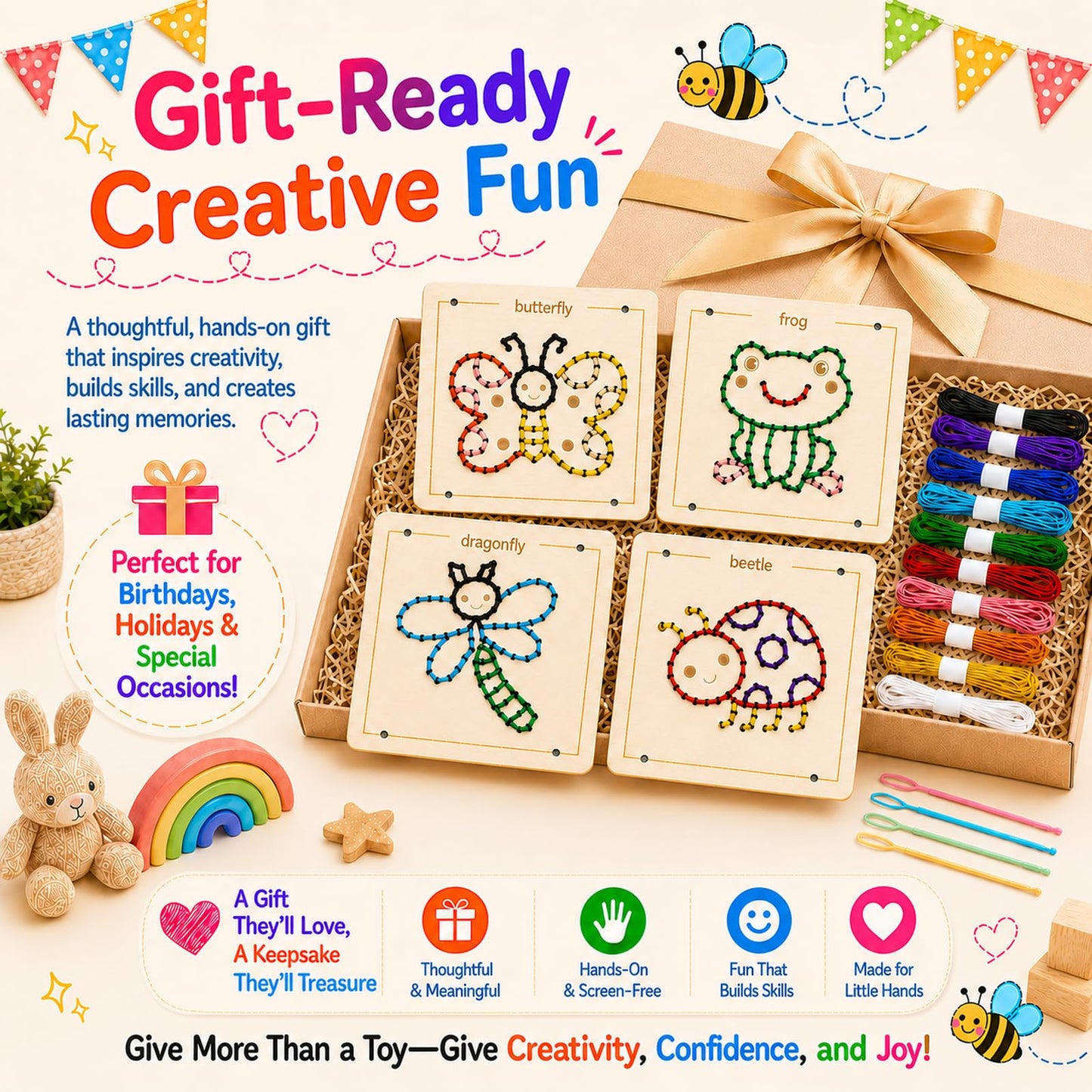 Montessori Wooden Lacing Toys for Toddlers and Kids Ages 2-4 5-7, Sewing Kit Fine Motor Skill Busy Board, Education Sensory Preschool Toy for 1 2 3 4