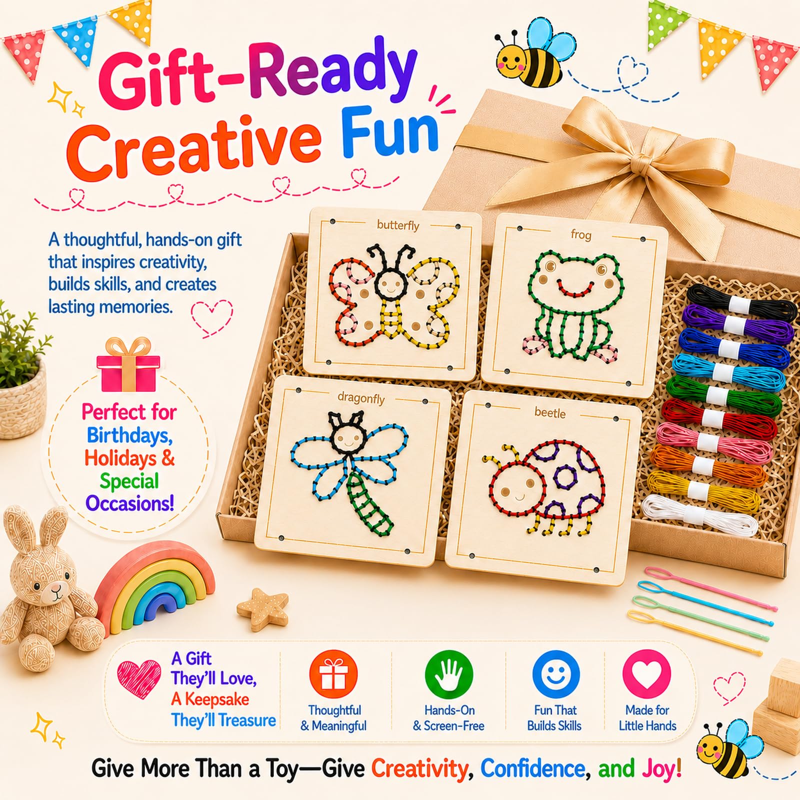 Montessori Wooden Lacing Toys for Toddlers and Kids Ages 2-4 5-7, Sewing Kit Fine Motor Skill Busy Board, Education Sensory Preschool Toy for 1 2 3 4