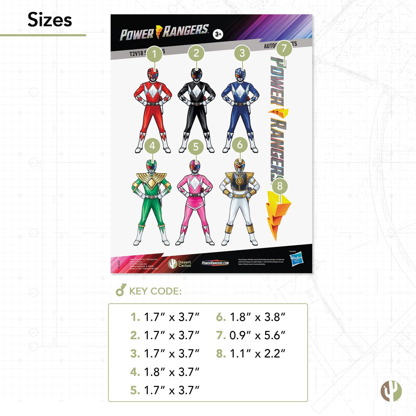 Desert Cactus Power Rangers Sticker - 8 Sticker Vinyl Decal Laptop Water Bottle Car Scrapbook Sheet Decorations Birthday Favor Party Supplies (2-18)