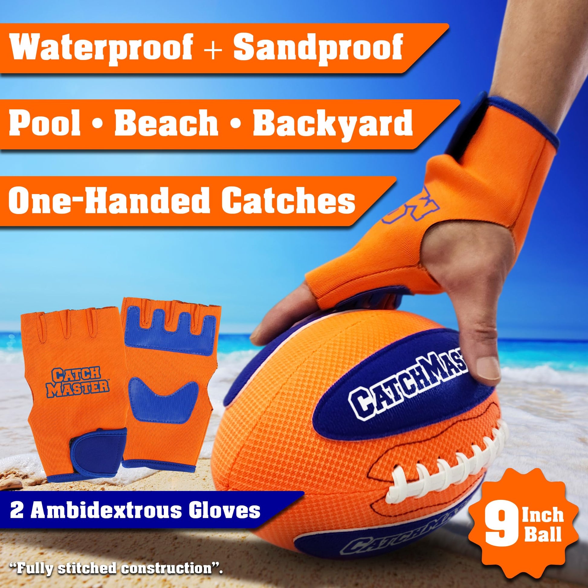 Funwares CatchMaster Water Football Set, Hook & Loop Ball, 2 Gloves & Pump