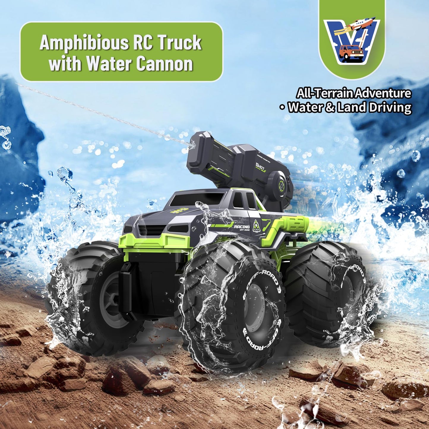 MOMONOVA 3-in-1 Amphibious Remote Control Car RC Boat with Water Gun, Waterproof RC Monster Truck for Kids 4-7 8-12, 4WD All-Terrain Remote Control