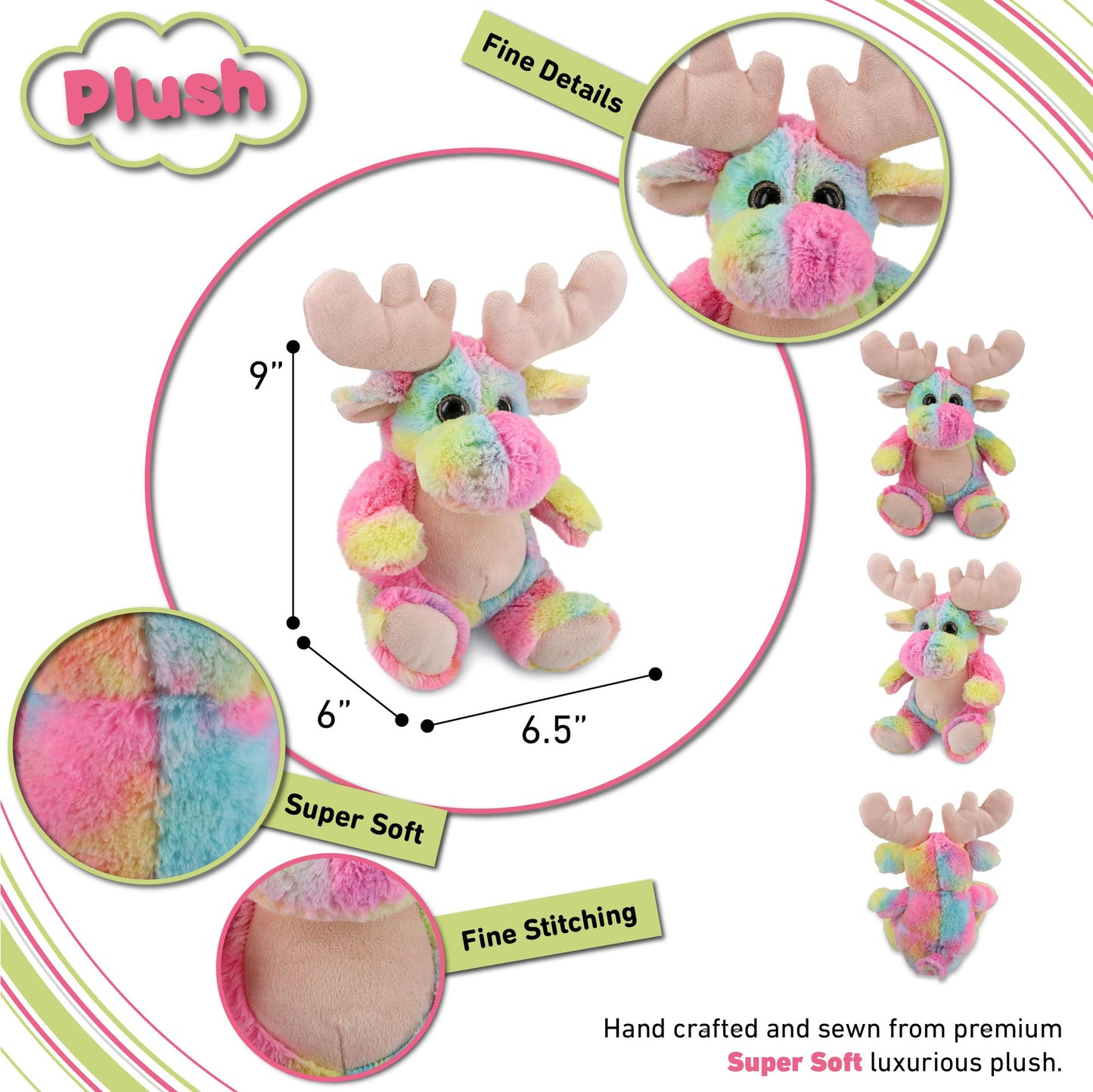 Puzzled DolliBu Rainbow Moose Stuffed Animal - Soft Huggable Moose Stuffed Toy, Adorable Playtime Wildlife Plush Toy, Cute Cuddle Gifts for Kids