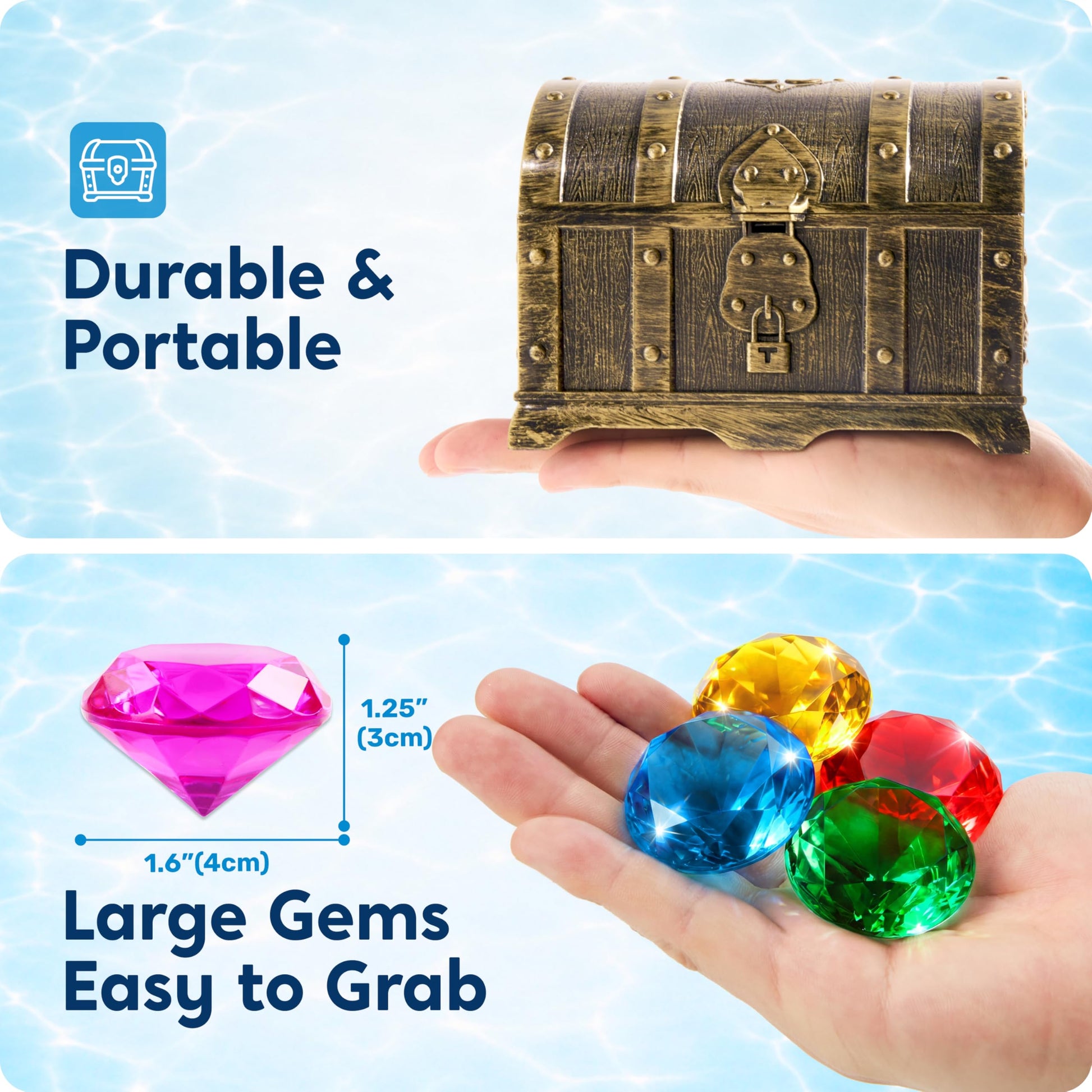 Sloosh Diving Gems Pool Toys, 16 Big Colorful Diamond with Pirate Treasure Chest,Swim Dive Toy for Kids Underwater Gemstone Swimming Training Gift