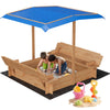 Wooden Sandbox with Lid＆Cover, Outdoor Sand Box with 2 Bench Seats, Rotatable Canopy, Adjustable Height & Bottom Liner for Ages 3-8, Spacious Kids