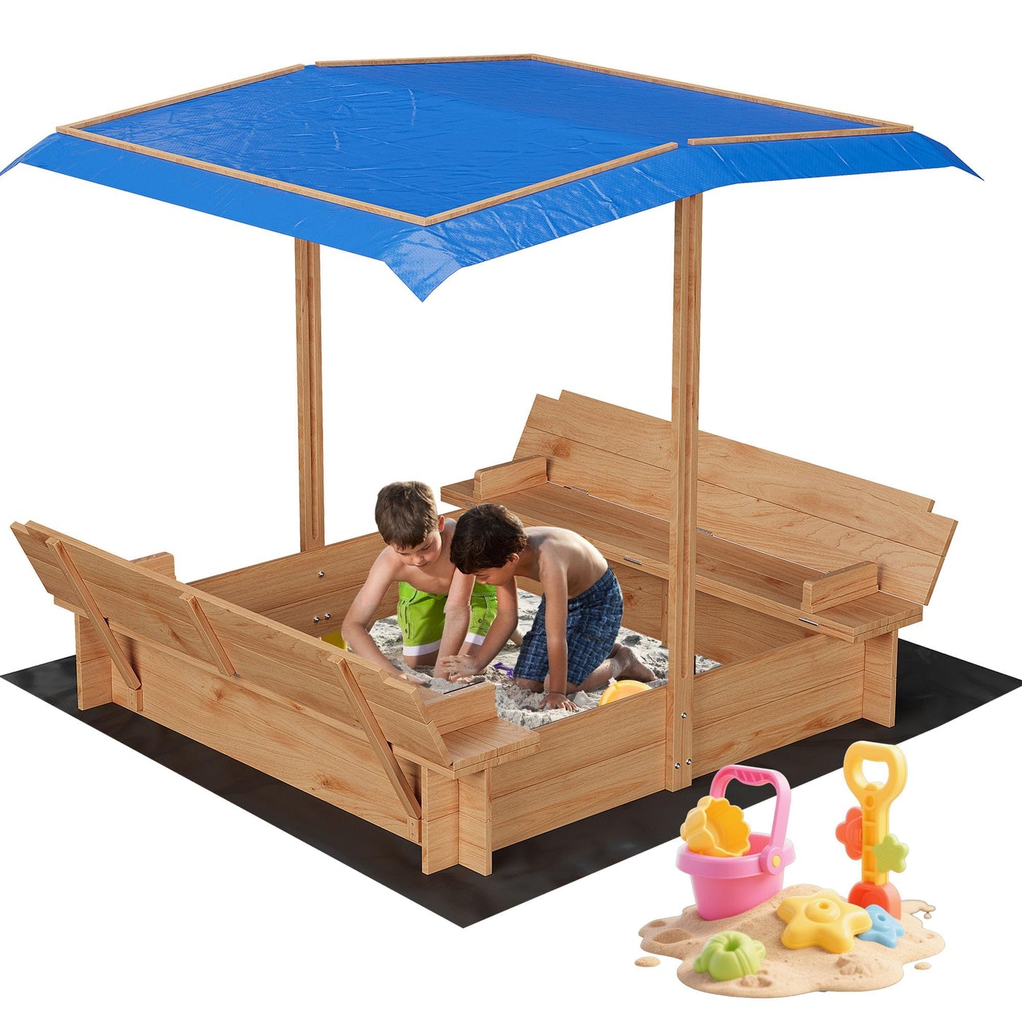 Wooden Sandbox with Lid＆Cover, Outdoor Sand Box with 2 Bench Seats, Rotatable Canopy, Adjustable Height & Bottom Liner for Ages 3-8, Spacious Kids