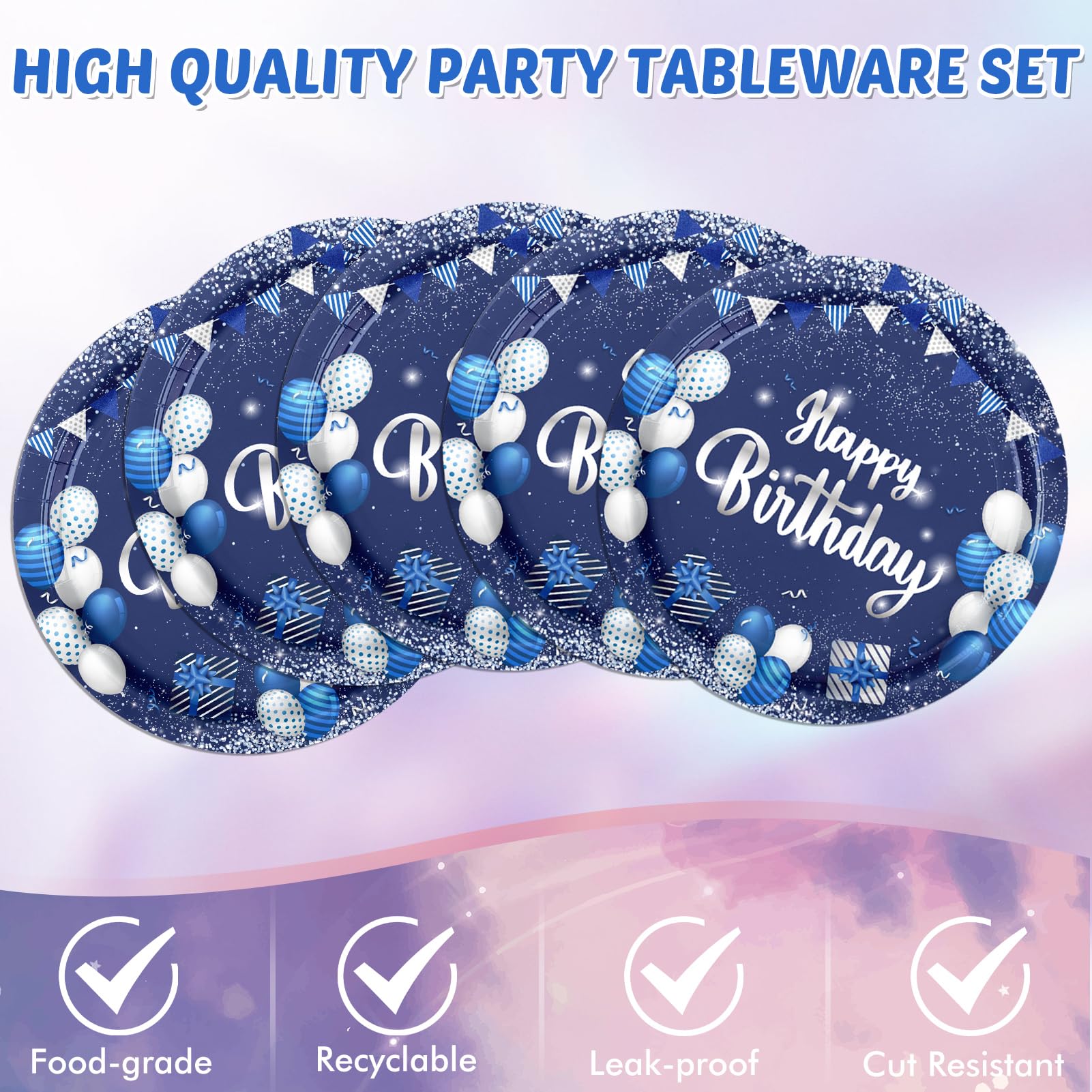 Navy Blue and Sliver Birthday Decorations Happy Birthday Party Tableware Set Happy Birthday Tablecloths and Plates Napkins Party Dinnerware for Men