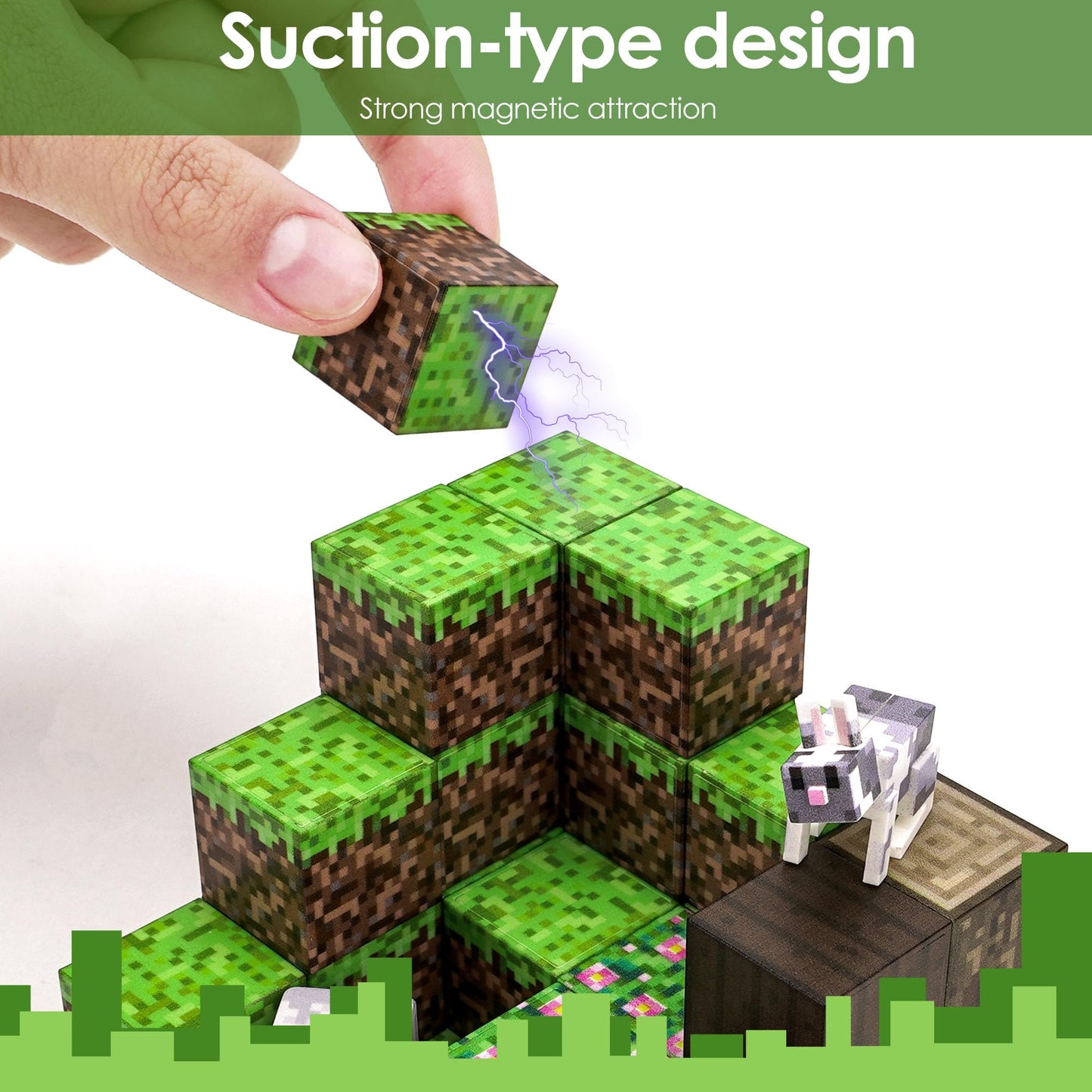 TOCCOOL Magnetic Building Block Set, Pixelated Grass Building Block Assembly Kit, Including Sheep and Rabbit Accessories, Can be Used for Creative DIY