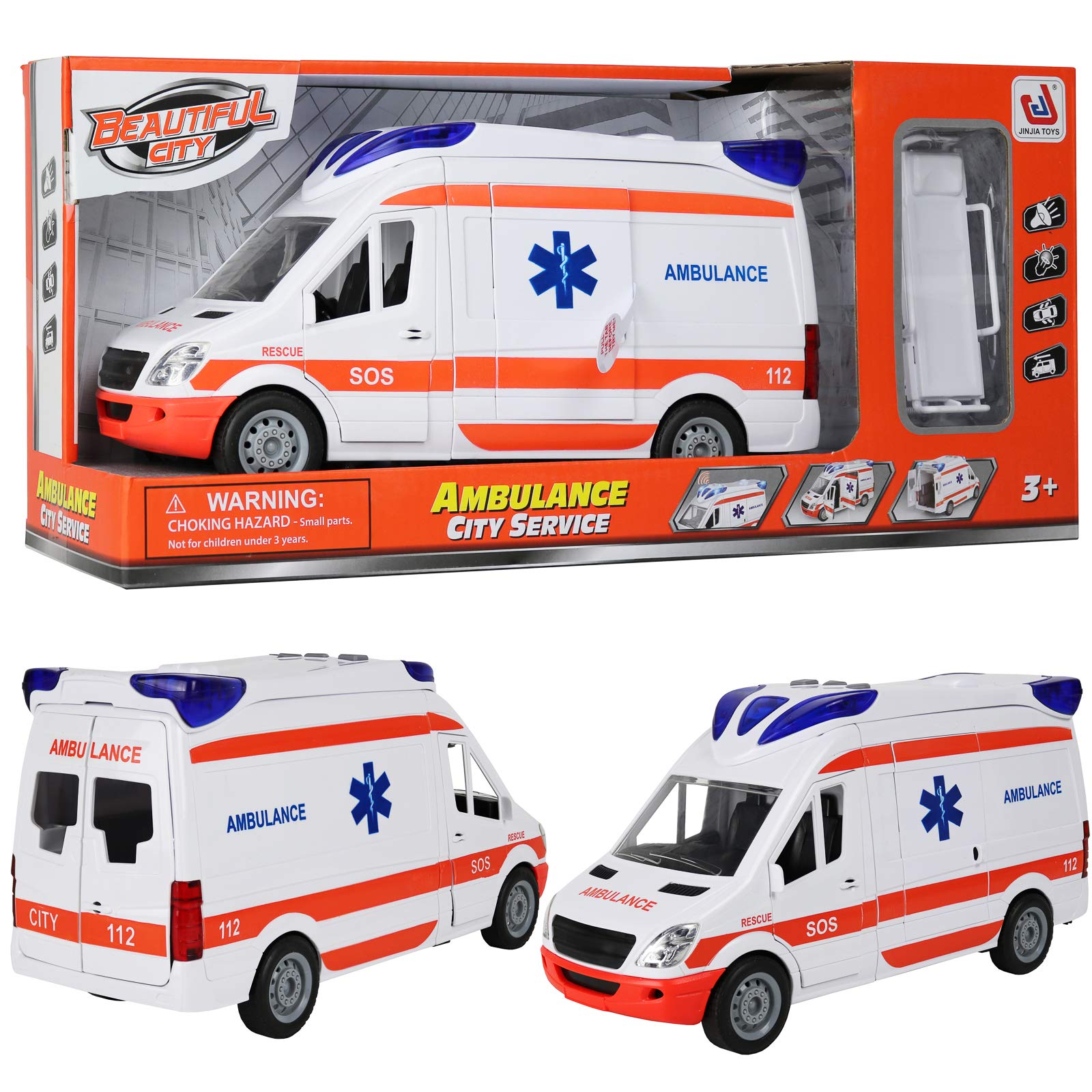 Kiddie Play Ambulance Toy Car with Lights, Sound & Stretcher
