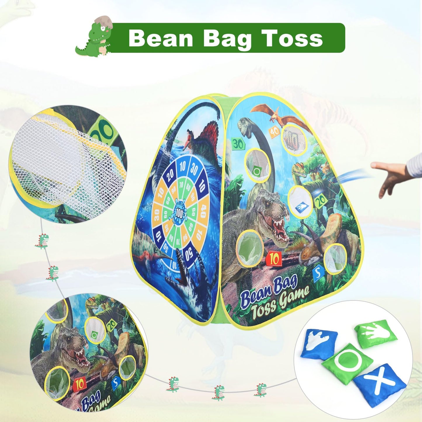 Dinosaur Kids Play Tent Indoor: Boys & Girls Playhouse Tents Indoor Outdoor - 4in1 Dinosaur Tent with-Dart Board & Bean Bag Toss Games