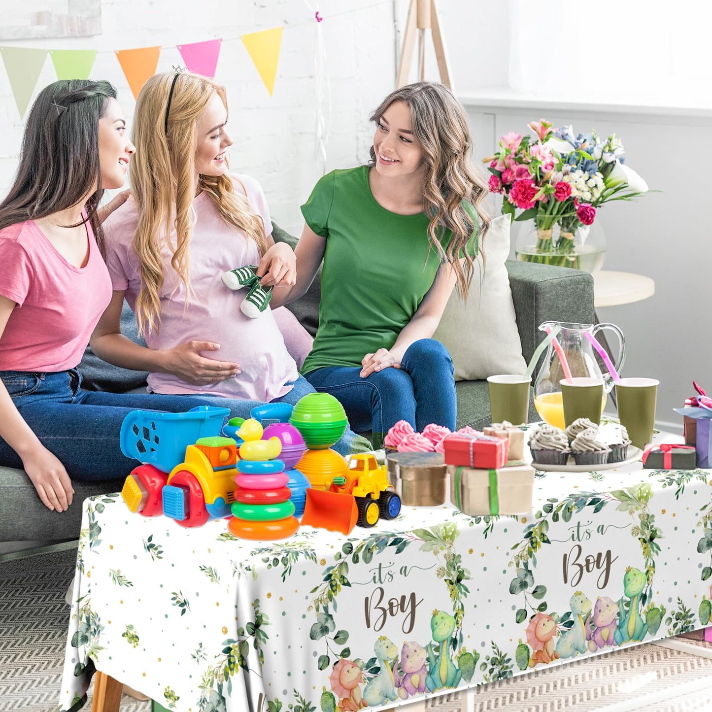 3pcs Dinosaur Baby Shower Tablecloth for Boy Dino Baby Shower Decorations Disposable Waterproof It's a Boy Table Cover, Dinosaur Theme Baby Boy Shower