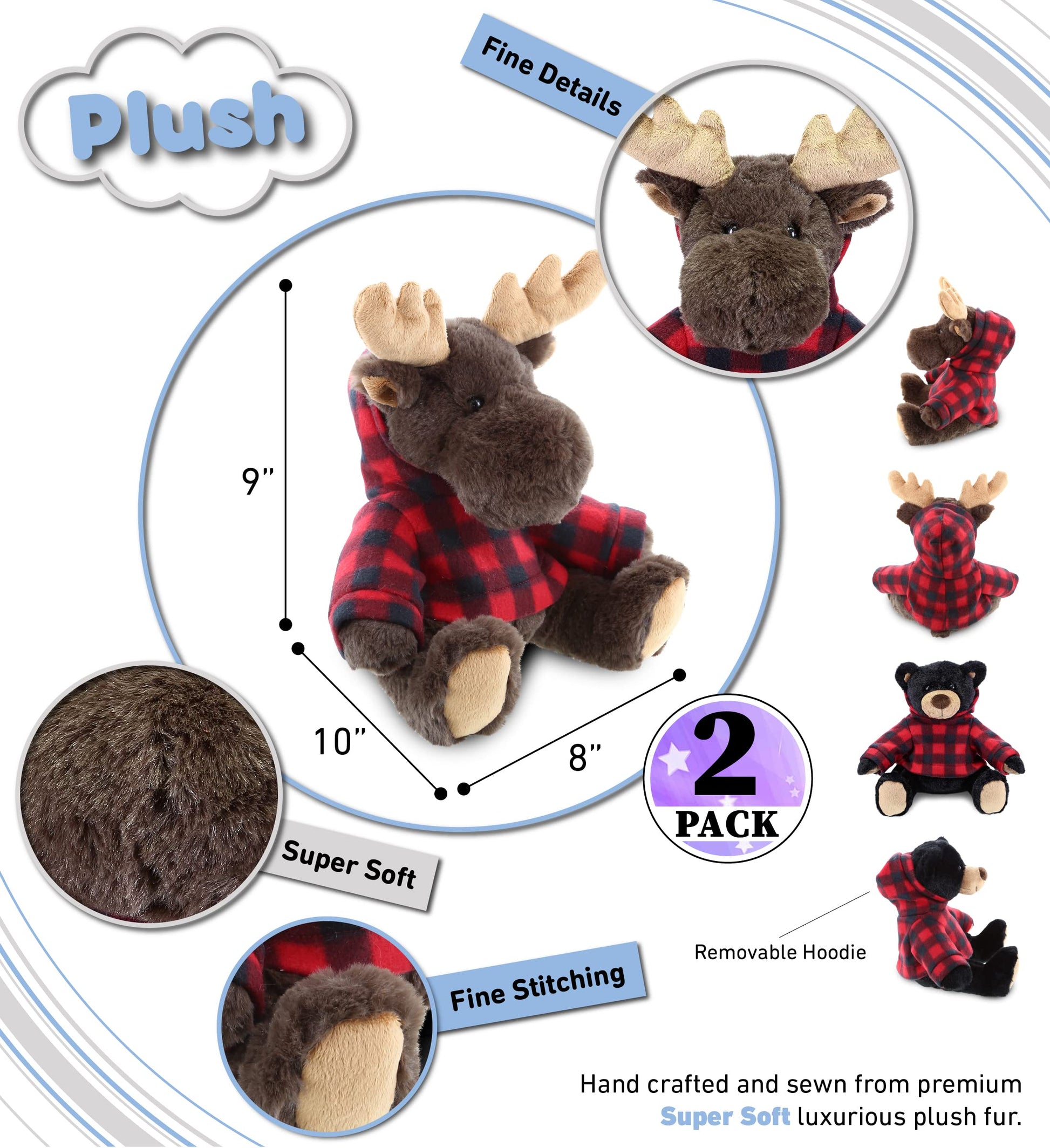 DolliBu Plush Black Bear and Moose with Red Plaid Hoodie - Soft Huggable Adorable Playtime Zoo Plush with Clothes, Cute Wildlife Cuddle Gift for Kids