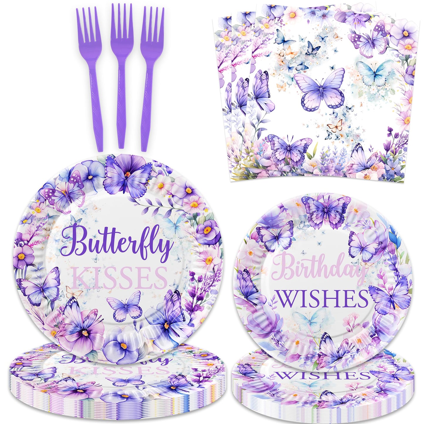 80 Pcs Butterfly Kisses Birthday Wishes Party Decor Spring Butterfly Paper Plates Napkins Forks Dinnerware for Butterfly Girls Baby Shower 1st 2nd 3rd