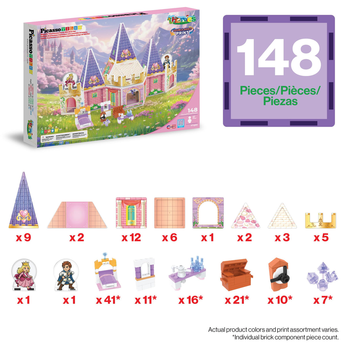 PicassoTiles 148pc Magnetic Tiles Princess Castle Brick Block Toy Ages 3+