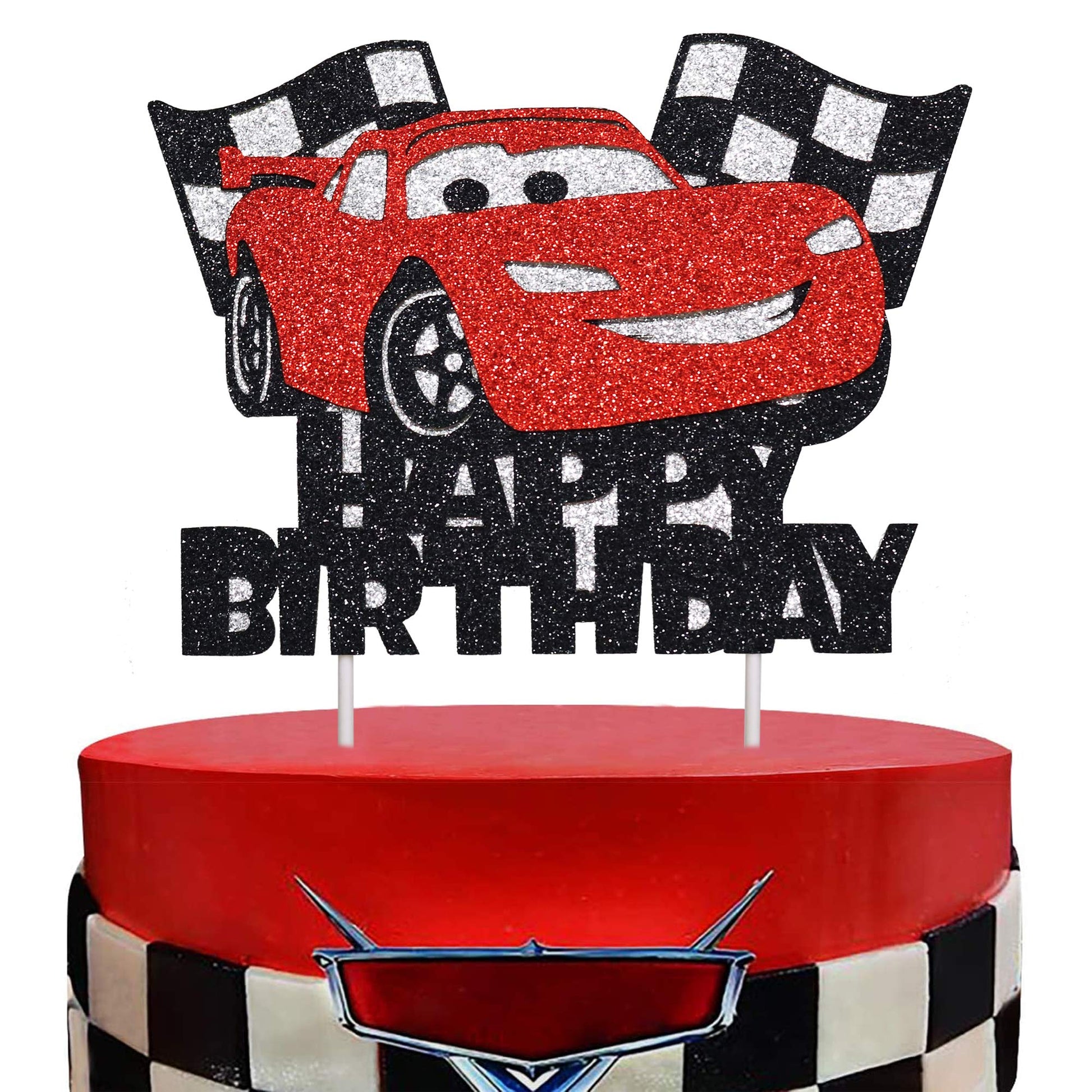 Artczlay Racing Theme Cake Topper, Checkered Flag, Black and Red, Birthday and Baby Shower, Cake Decoration, 1 Count, 5 x 0.5 inches, Eva and Paper