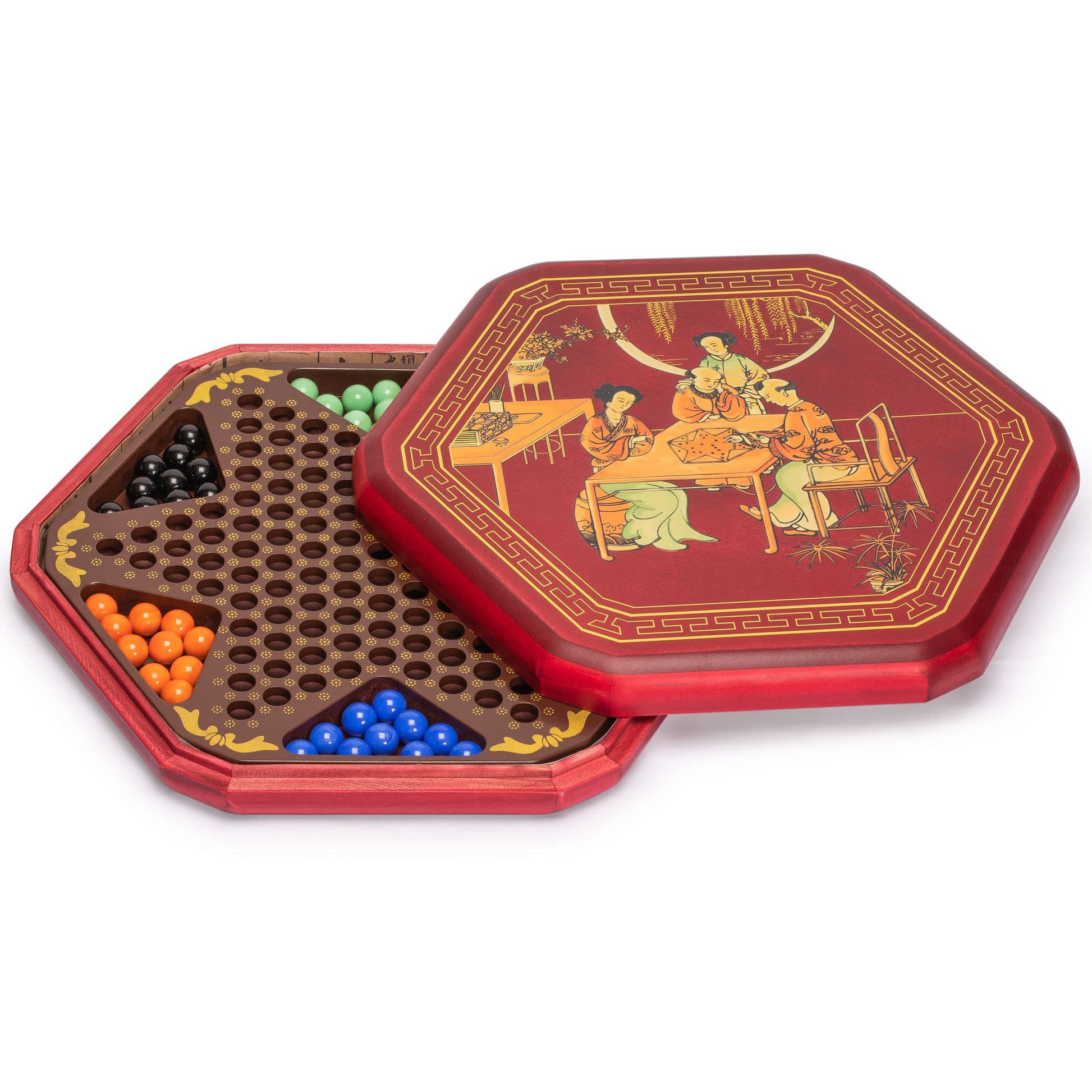 Yellow Mountain Imports Classic Chinese Checkers Halma Board Game Set with Storage, 12.6-inch Wooden Board, and Solid Color 16-Millimeter Glass