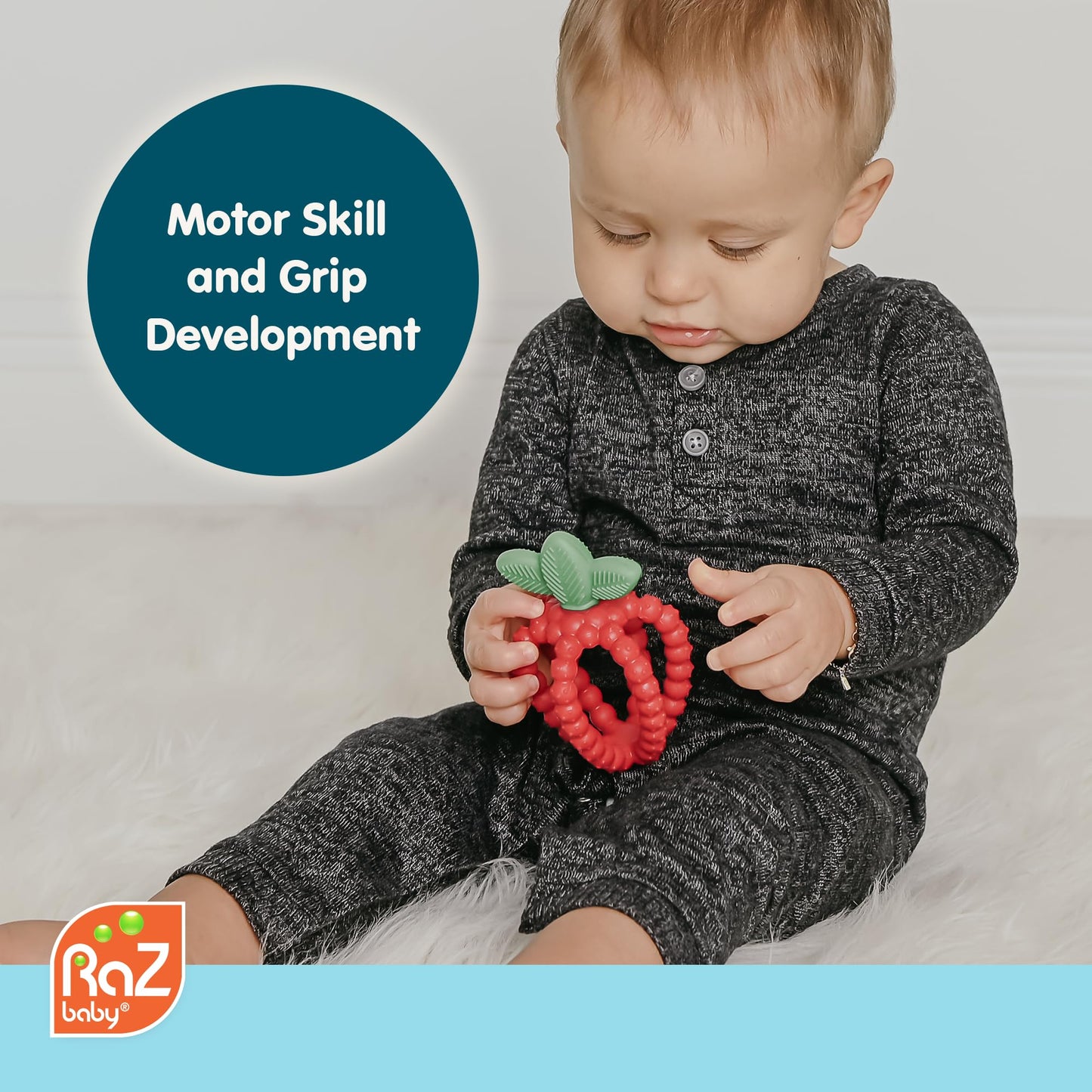 RaZbaby Bites Silicone Baby Teething Toy - Sensory Toy with Textured BerryBumps for Teething Relief, Easy-to-Hold Fruit Shape, BPA-Free, Soothes Front