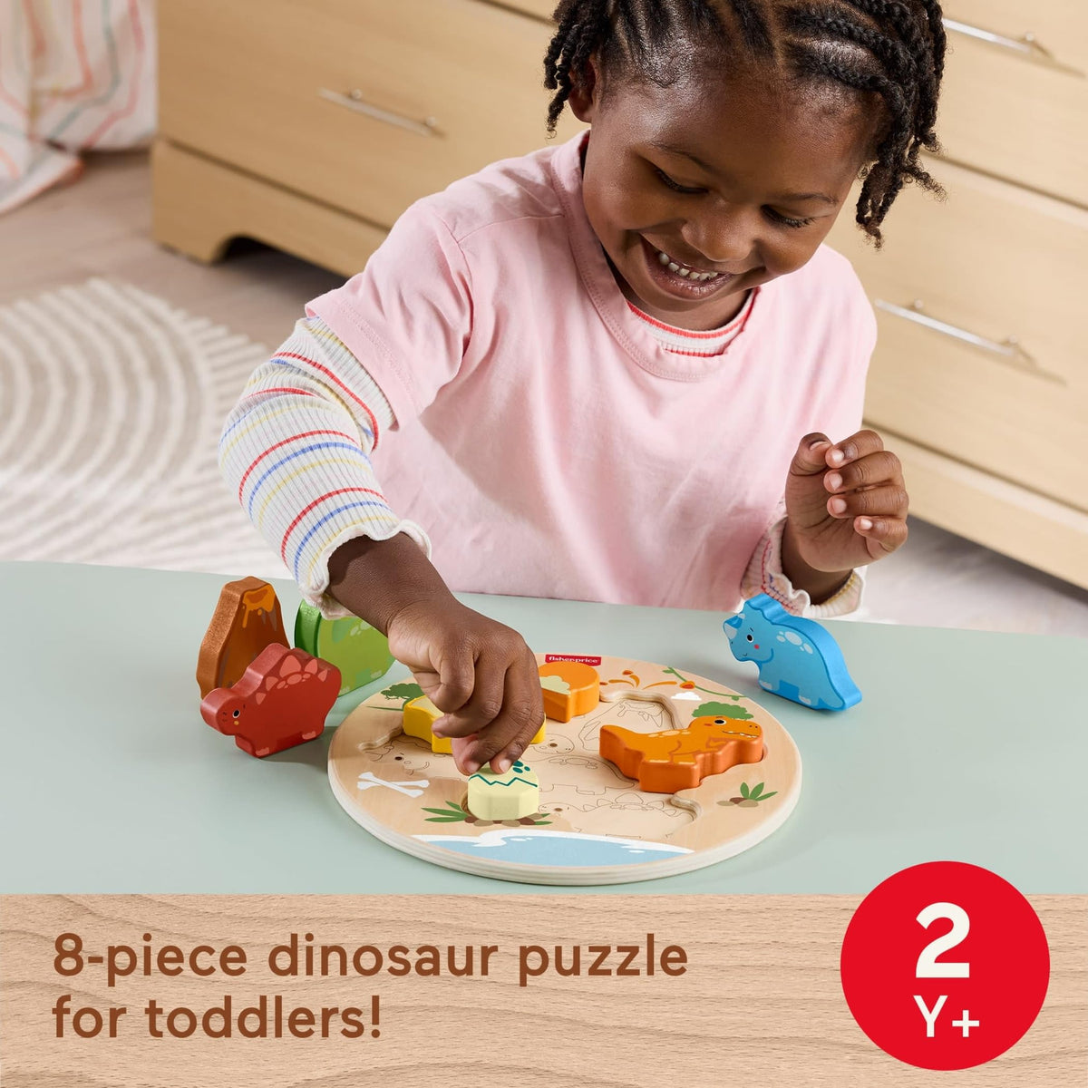 Fisher-Price Wood Toddler Toy 2-in-1 Dinosaur Puzzle, 8-Piece Wooden Activity for Developmental Play Preschool Kids Ages 2+ Years