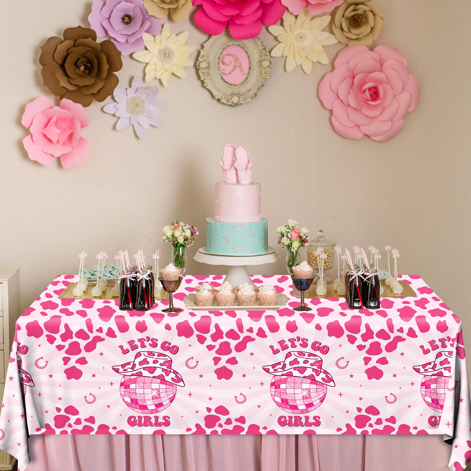 Let's Go Girls Tablecloths, 3 Pcs Cowgirl Birthday Supplies Rectangle Table Covers, Disposable Disco Cowgirl Tablecloth for Bachelorette Party