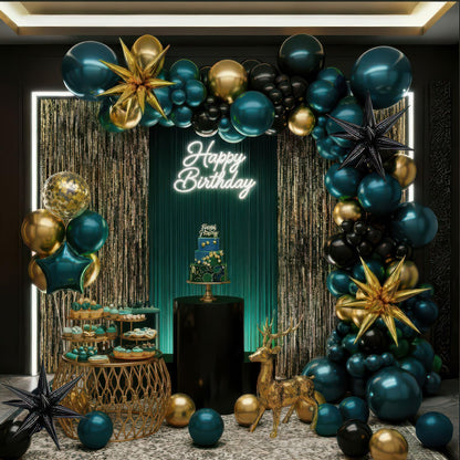 Chrome dark Teal and gold black Balloon Garland Kit 170Pcs Double-Stuffed Navy Teal Blue With Starburst Balloons for Birthday Luxury shop happy grad