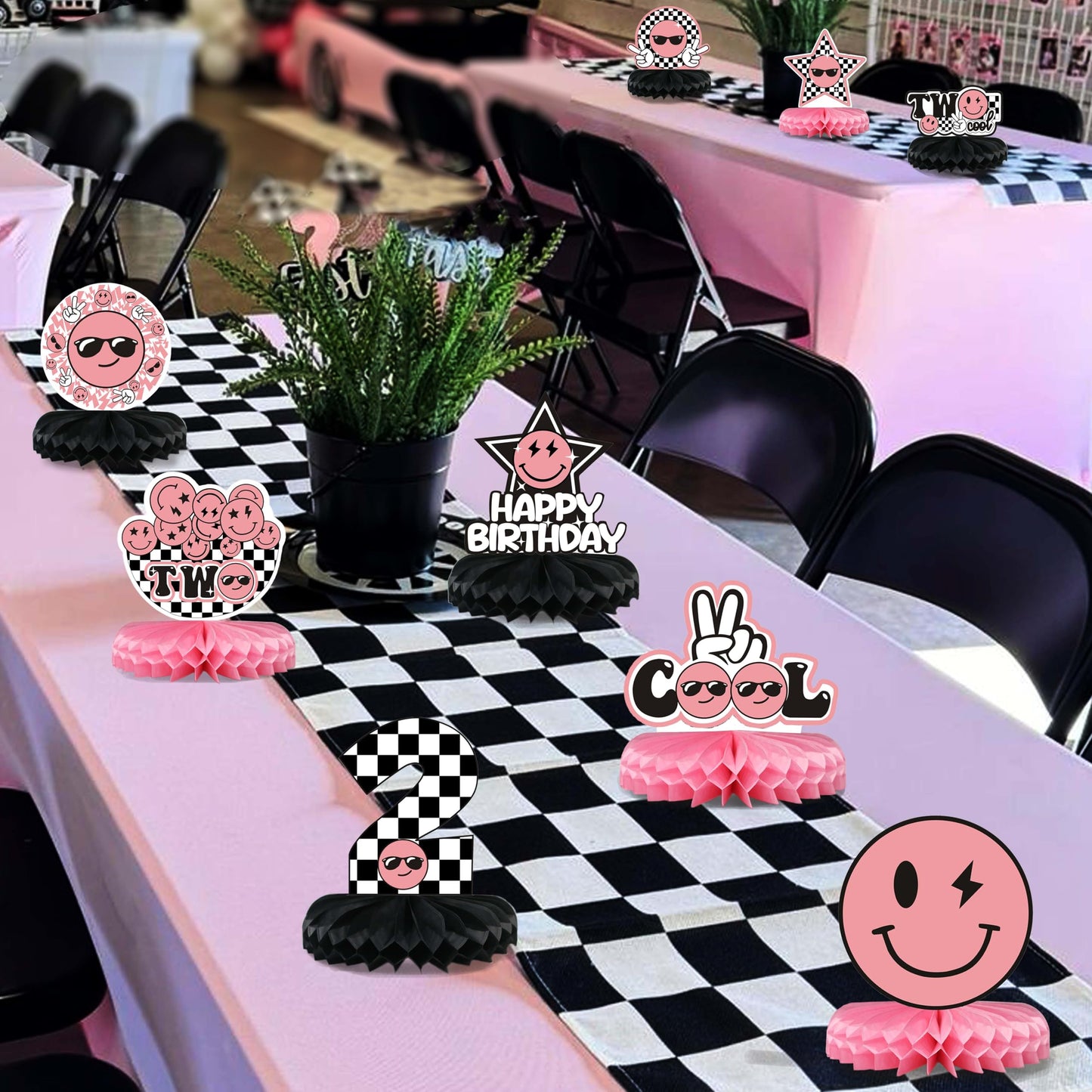 Two Cool Honeycomb Centerpiece Pink and Black Two Cool Dude Second Birthday Table Toppers for Two Year Old Happy Dude Photo Prop Yellow Black