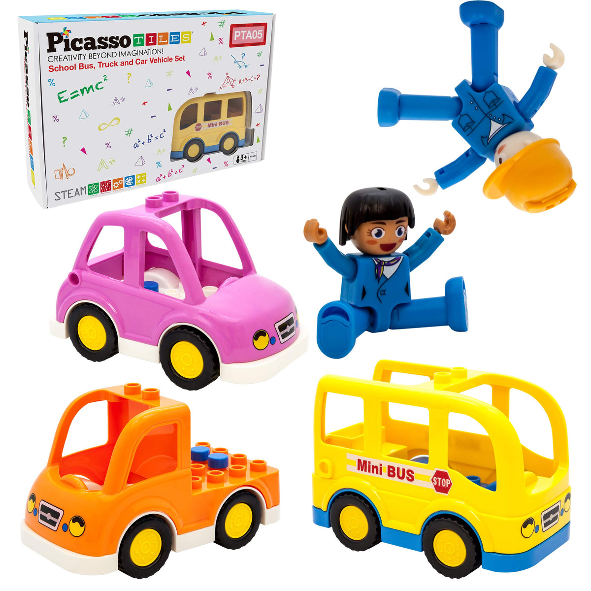 PicassoTiles Magnetic Figures 5 Piece Vehicle and Action Figure Set Including School Bus, Car, Truck and 2 Drivers Magnet Expansion Pack Toddler Toy