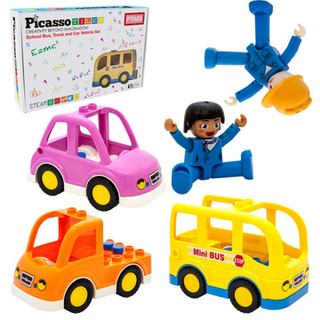 PicassoTiles Magnetic Figures 5 Piece Vehicle and Action Figure Set Including School Bus, Car, Truck and 2 Drivers Magnet Expansion Pack Toddler Toy