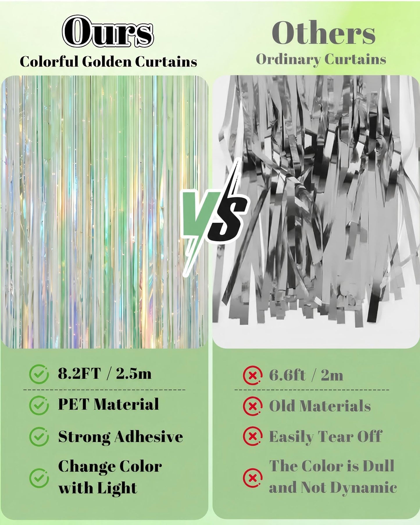 Iridescent Green Party Streamers Backdrop - 2 Pack 3.3 x 8.21 ft Neon Transparent Holographic Tinsel Foil Fringe Curtain for Birthday Dinosaur St