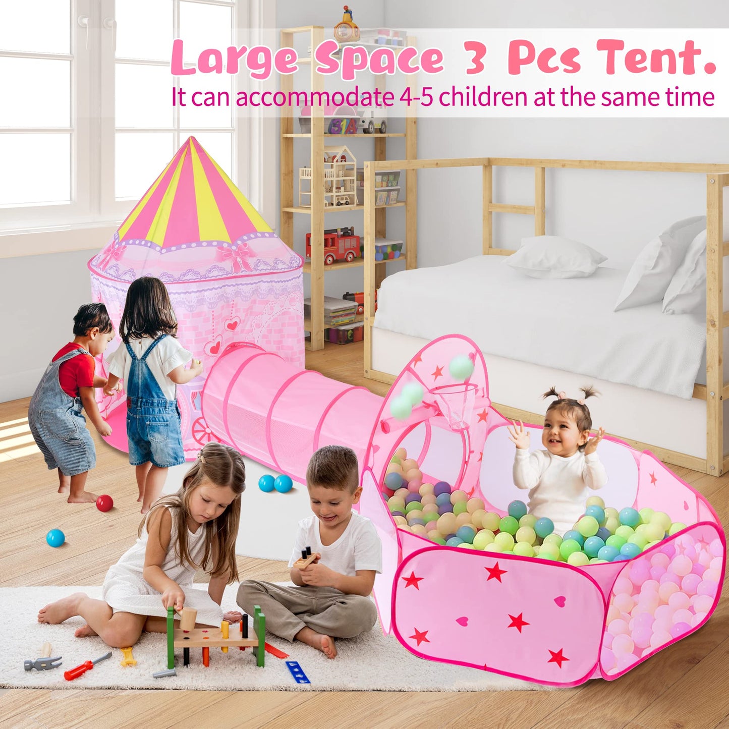 LOJETON 3pc Princess Fairy Tale Kids Play Tent, Oval Crawl Tunnel, Ball Pit for Toddlers, Indoor Outdoor Playhouse Castle Toys, Baby Boys Girls for 3