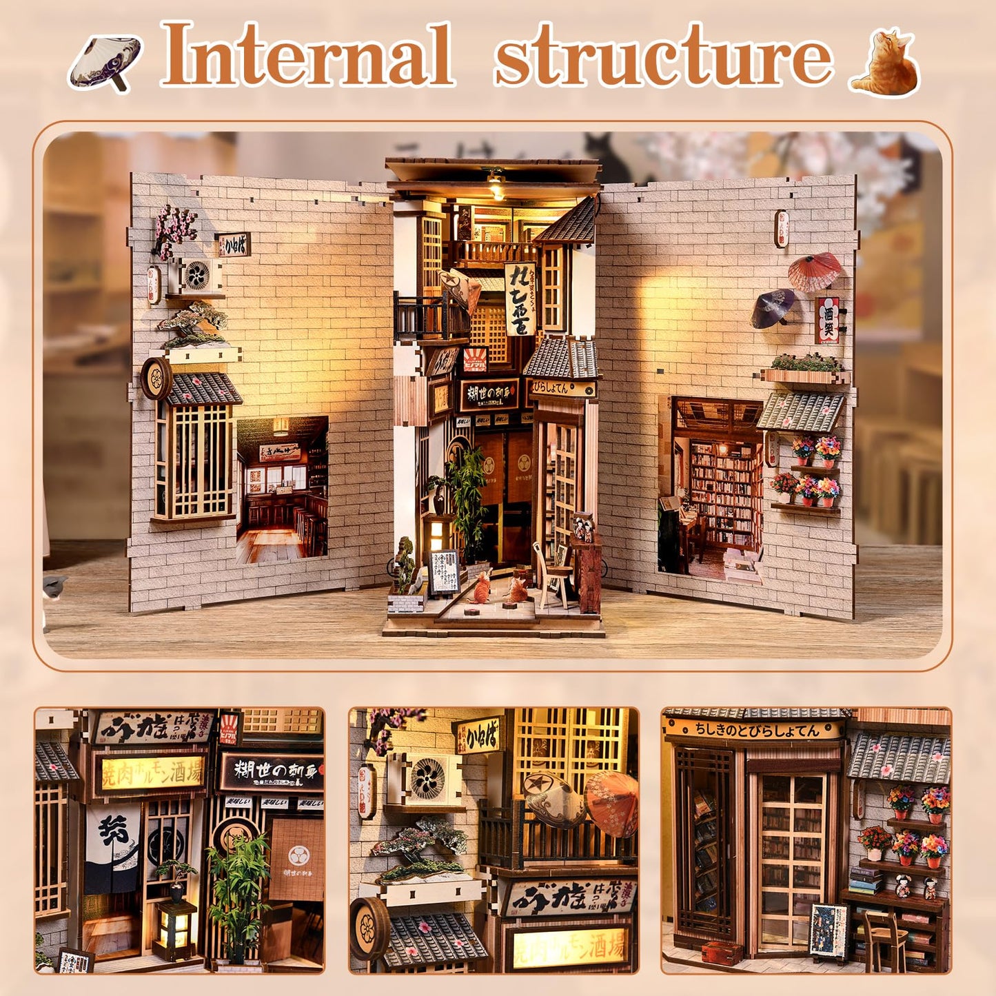DIY Book Nook Kit, 3D Wooden Puzzle Bookend with LED Light, Japanese Street Alley Miniature House Model, Creative Shelf Insert Decor & Arts Crafts