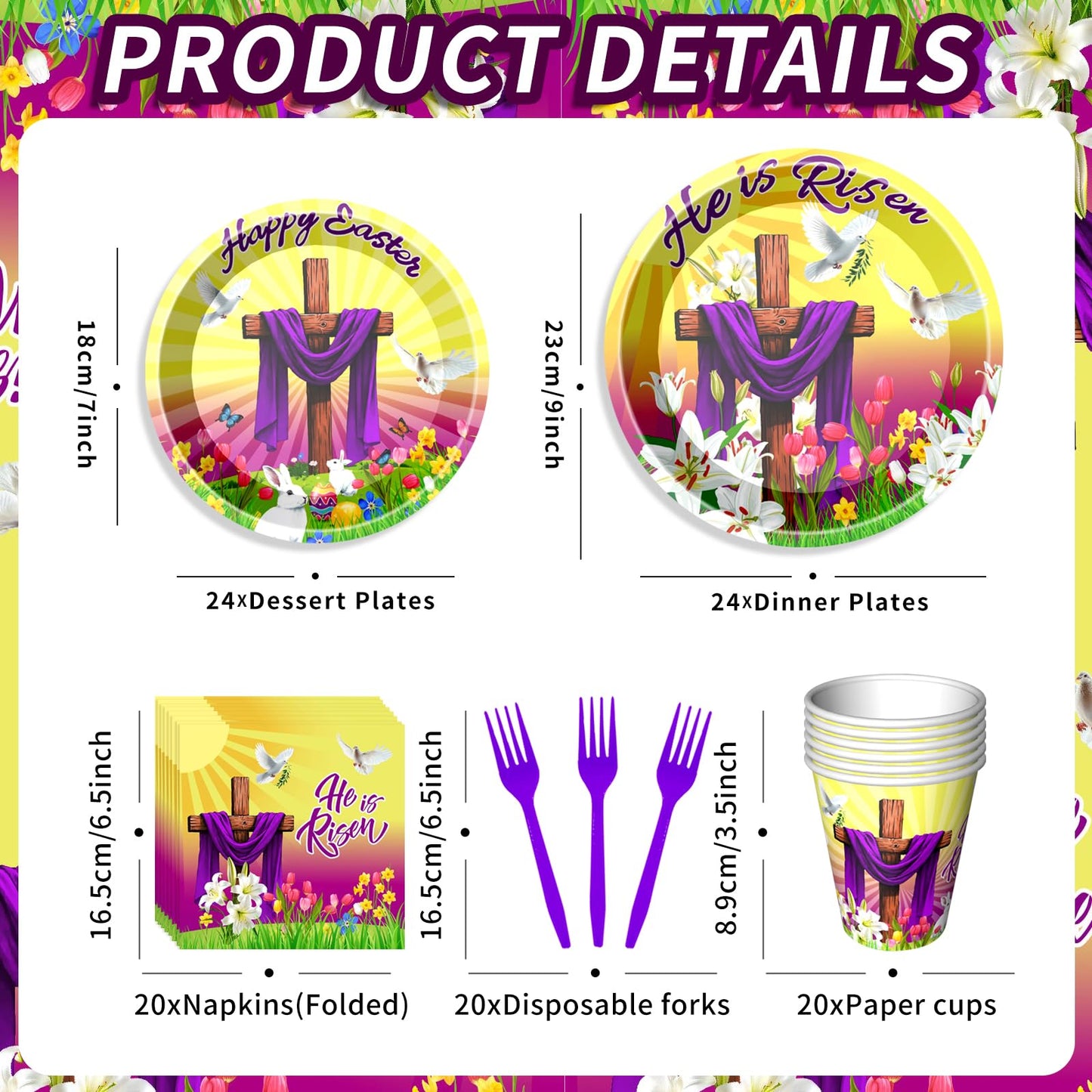 He is Risen Party Plates Supplies Tableware with Easter Jesus Paper Plates Napkins Cups Forks for Religion Christ Easter Party Decorations, Serves 24