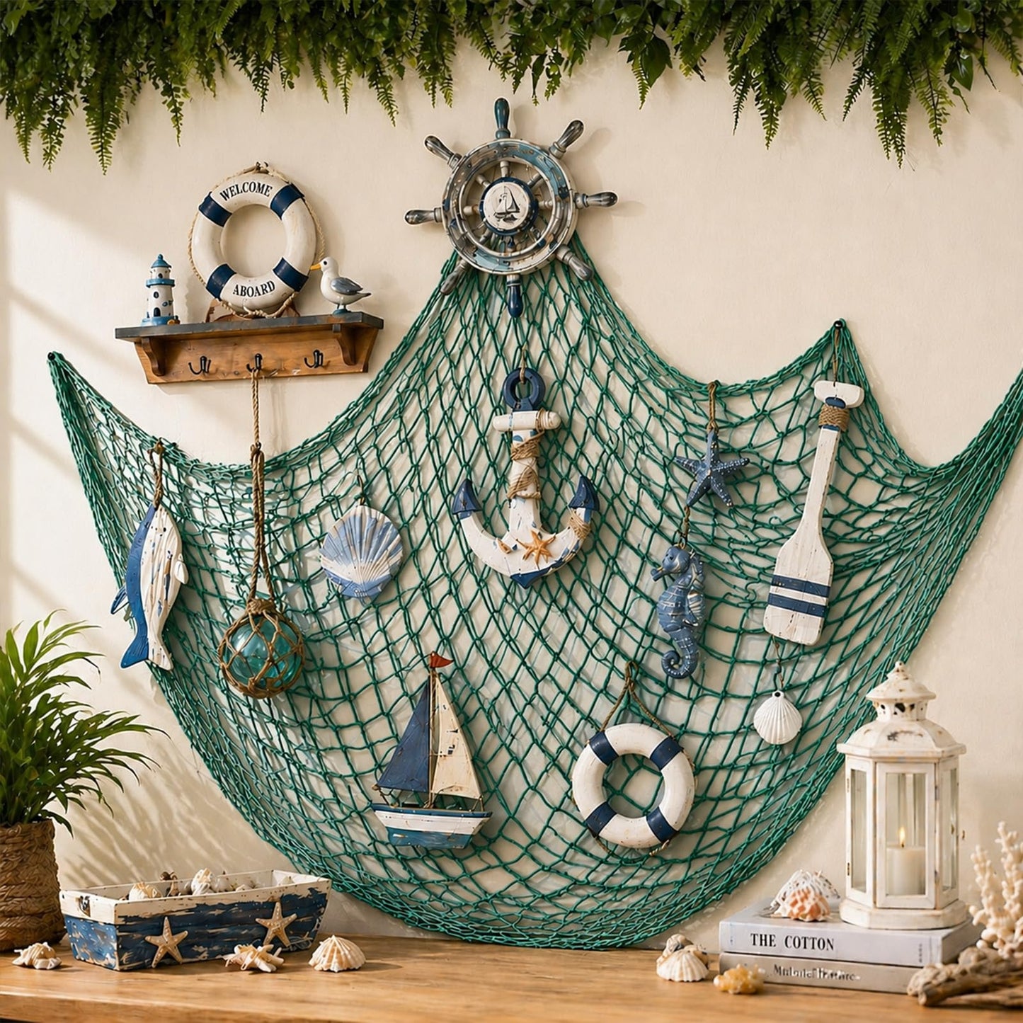 Fish Net Decorations for Party, 80x40 Inch Large Decorative Fish Netting Table Runner, Wall Photo Hanging Fishnet for Nautical Mermaid Pirate Hawaii
