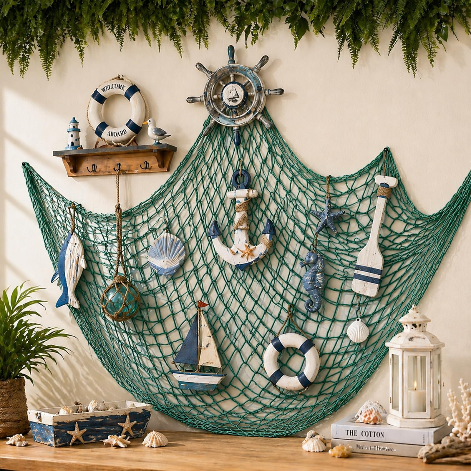 Fish Net Decorations for Party, 80x40 Inch Large Decorative Fish Netting Table Runner, Wall Photo Hanging Fishnet for Nautical Mermaid Pirate Hawaii