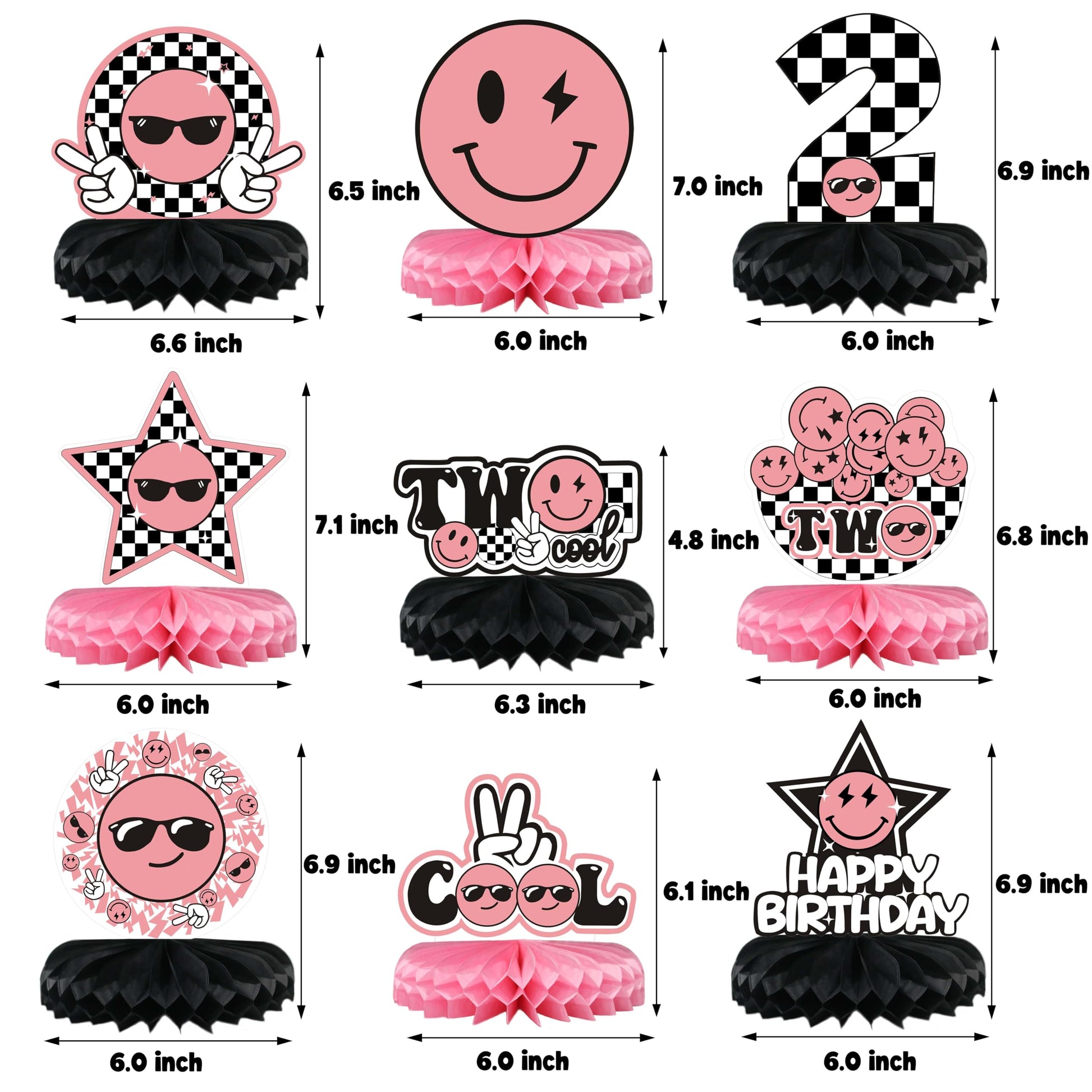 Two Cool Honeycomb Centerpiece Pink and Black Two Cool Dude Second Birthday Table Toppers for Two Year Old Happy Dude Photo Prop Yellow Black