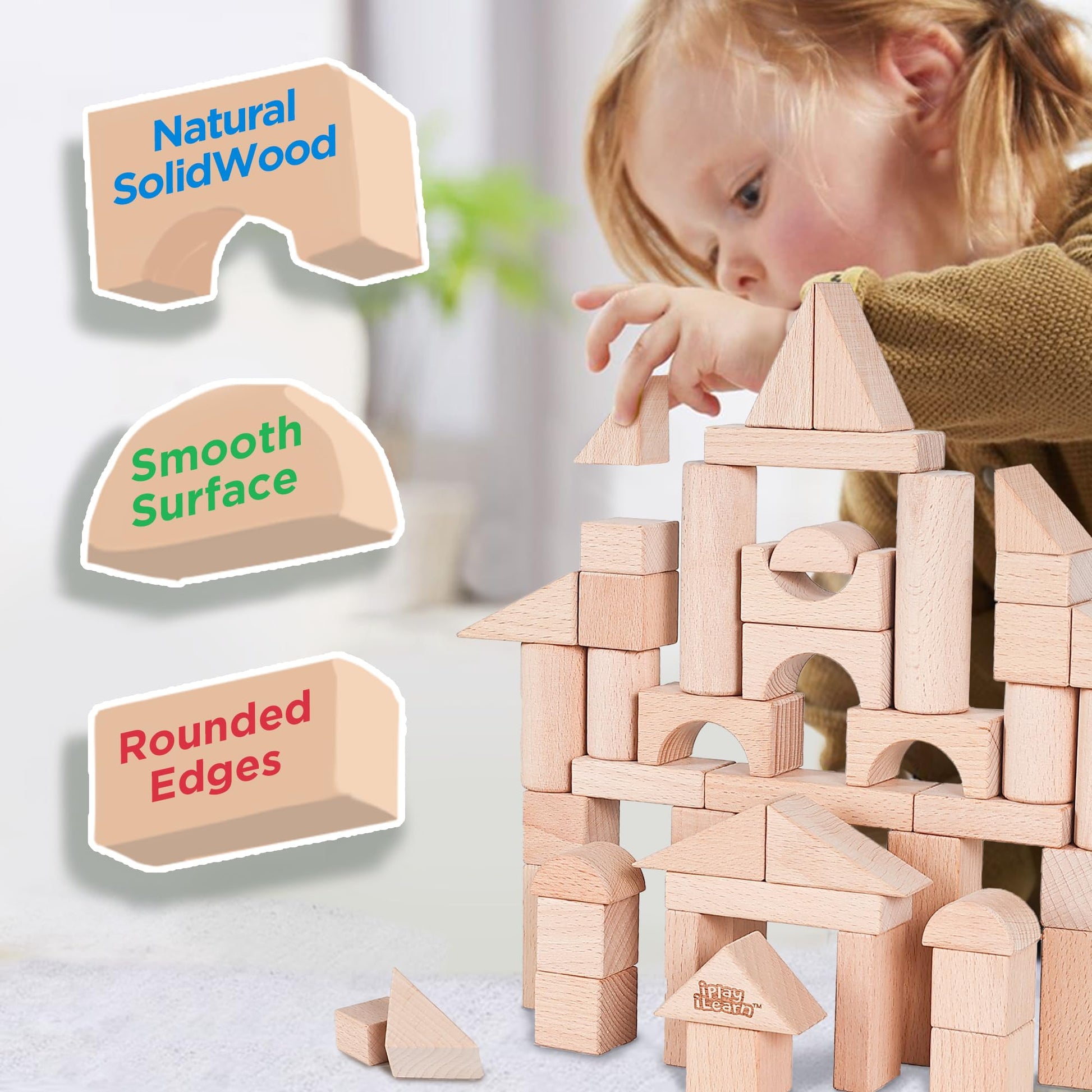 iPlay, iLearn Kid Wooden Building Block Set, Toddler Natural Wood Block Montessori Learning Toy, Large Hardwood Stacking Brick Castle Unit, Preschool