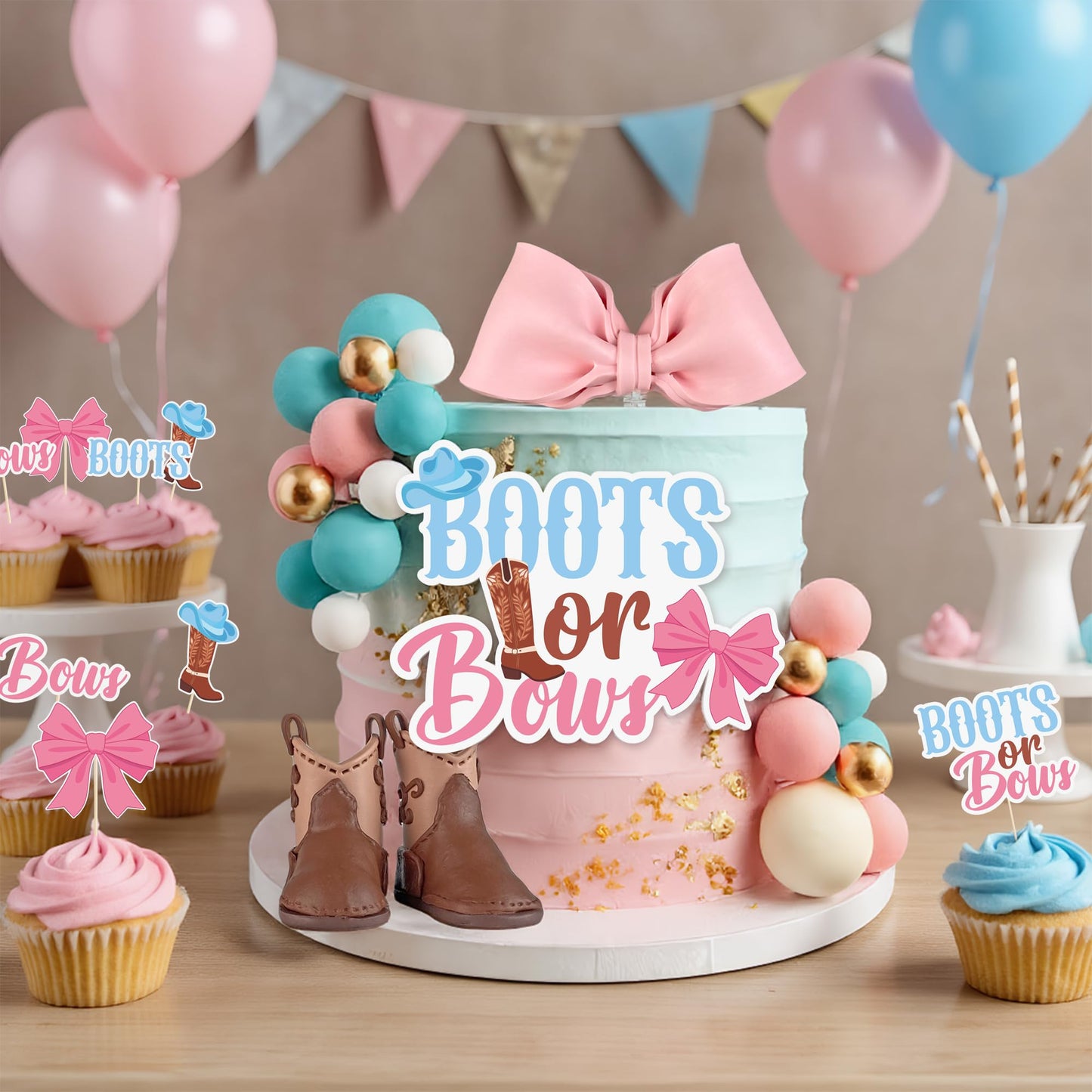 34PCS Boots or Bows Gender Reveal Cake Decorations for Baby Shower Party Gender Reveal Theme Cake Decorations