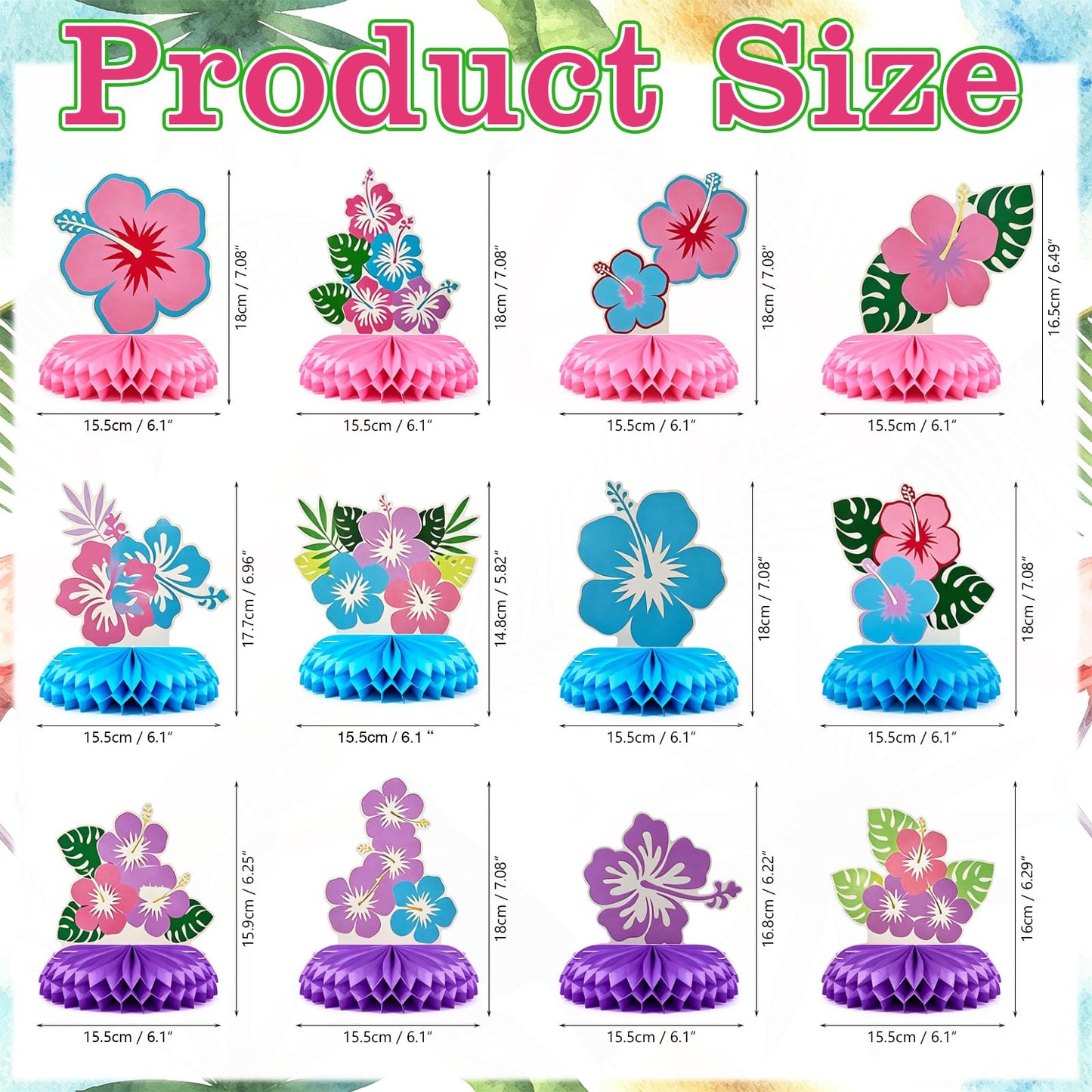 Karror 14 Pcs Tropical Hibiscus Honeycomb Table Centerpieces,Two-Sided Aloha Luau Table Toppers,Hawaiian Beach Party Decor for Summer Birthday
