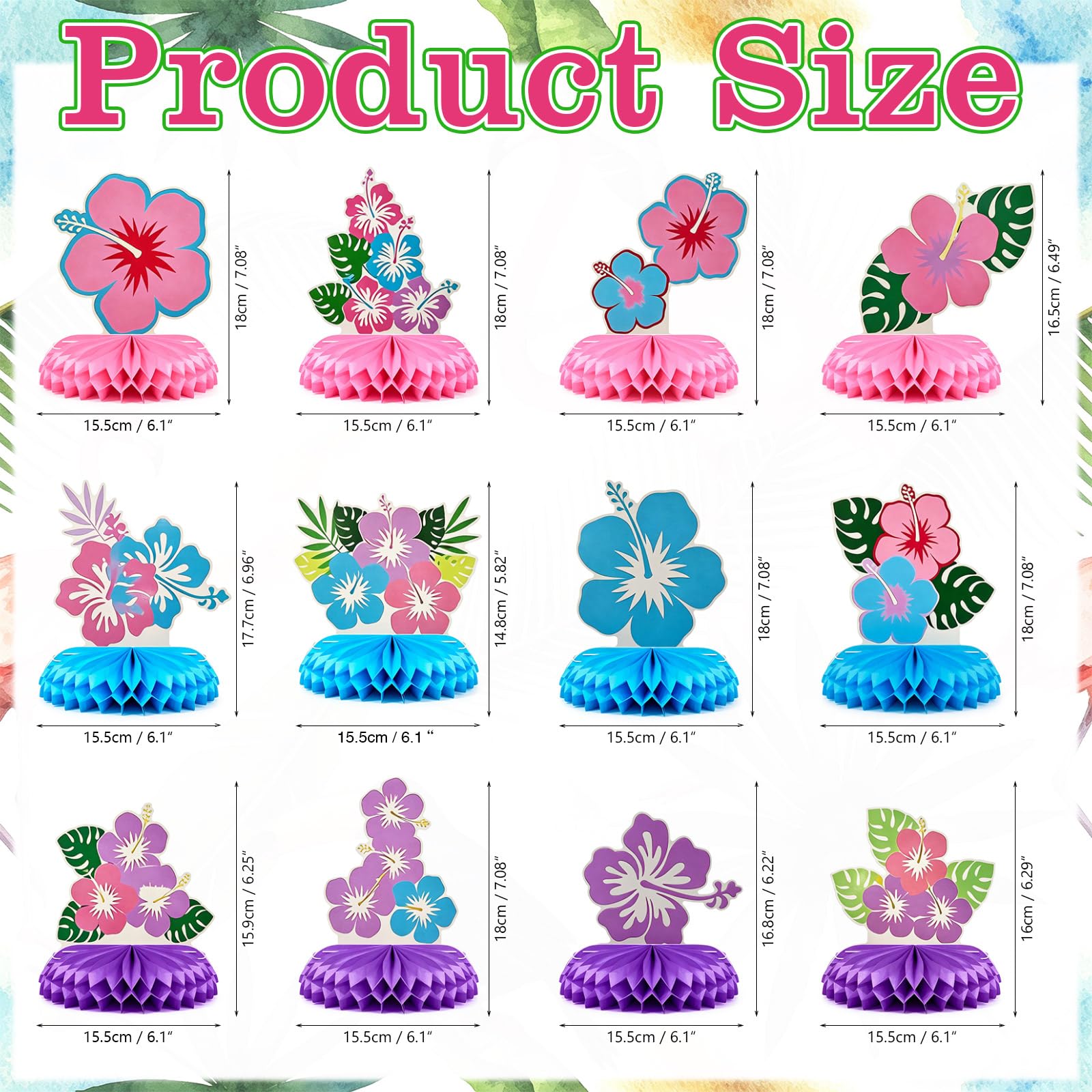 Karror 14 Pcs Tropical Hibiscus Honeycomb Table Centerpieces,Two-Sided Aloha Luau Table Toppers,Hawaiian Beach Party Decor for Summer Birthday
