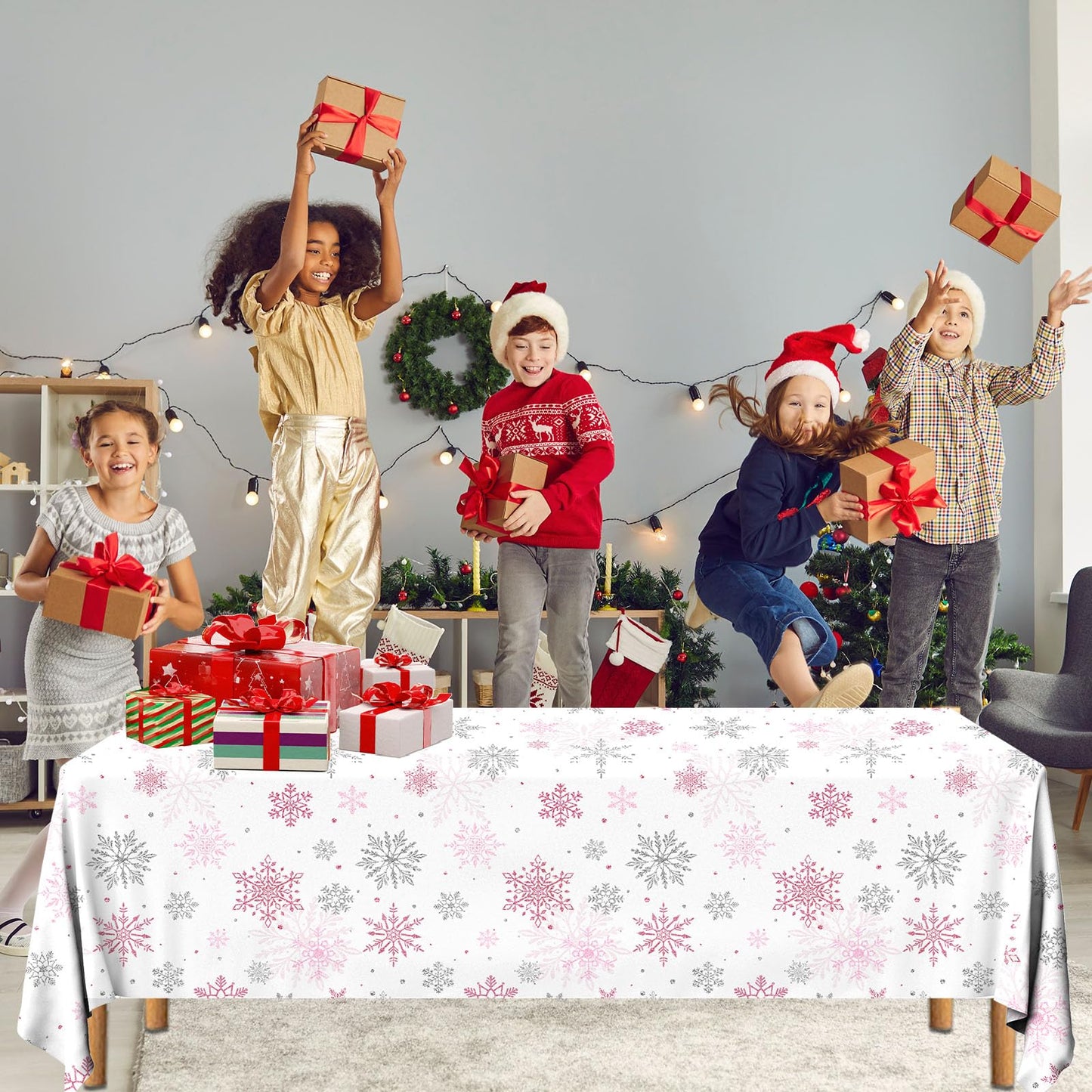YTGUVBK Winter Snowflake Tablecloth 3pcs Pink Christmas Decorations Snowflake Plastic Table Cloth Winter Wonderland Disposable Table Cover