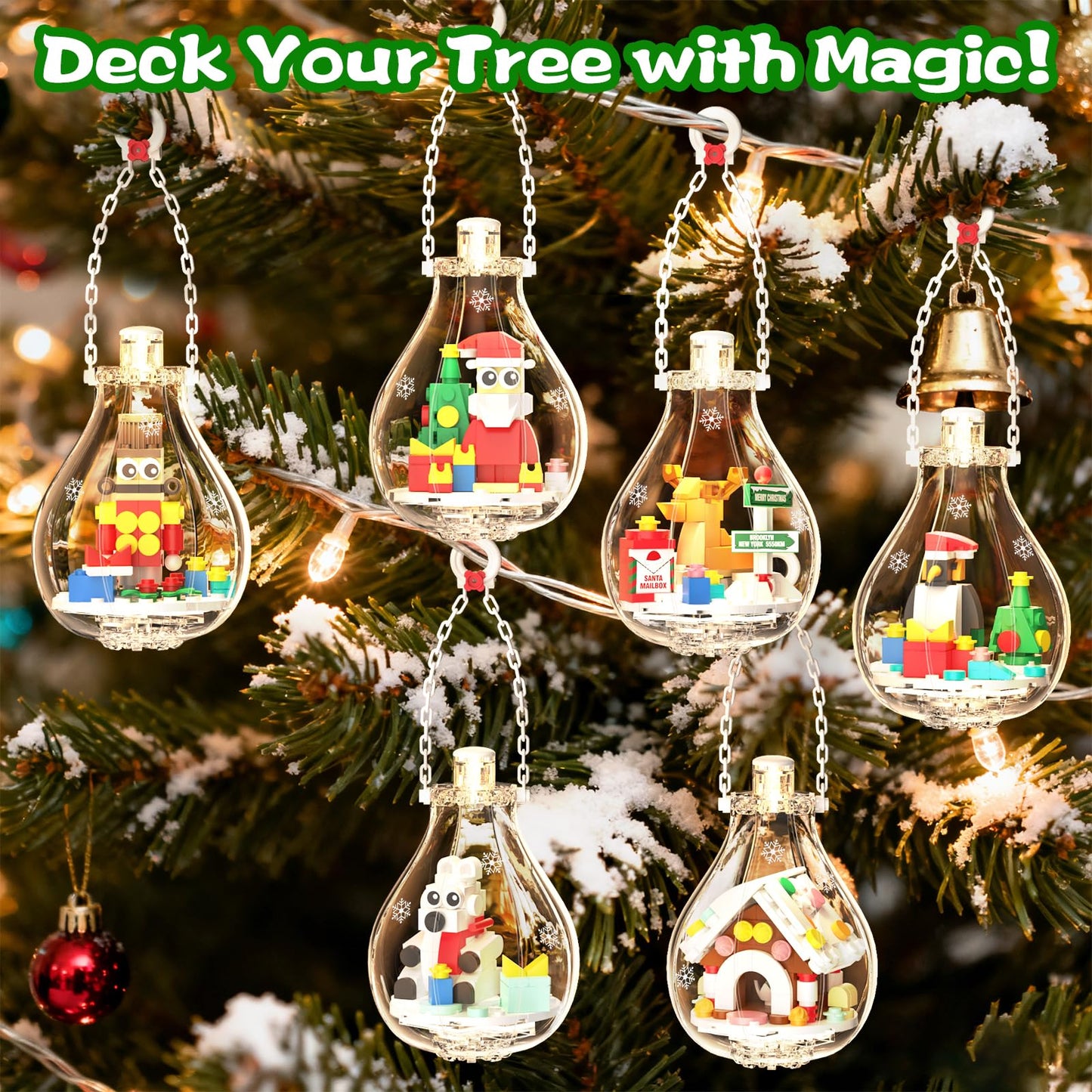 2026 Light-Up Christmas Ornament Building Kit - 647 PCS Holiday Building Blocks Set for Kids and Adults, Featuring Gingerbread House, Santa, Reindeer