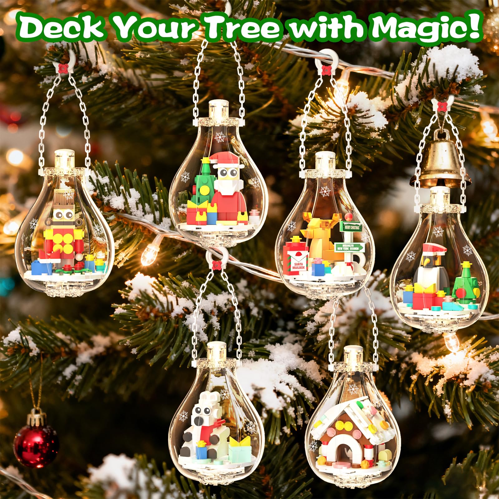 2026 Light-Up Christmas Ornament Building Kit - 647 PCS Holiday Building Blocks Set for Kids and Adults, Featuring Gingerbread House, Santa, Reindeer