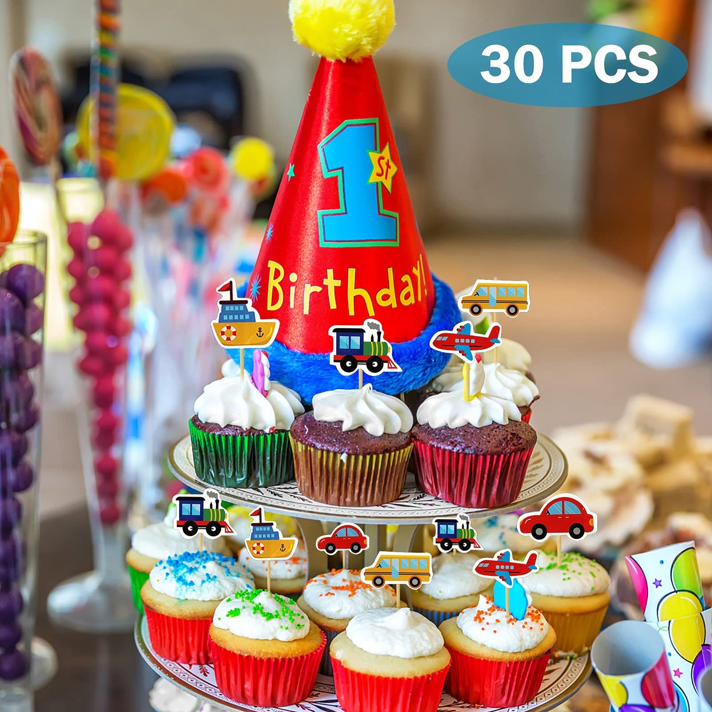 BIEUFBJI Transportation Cupcake Toppers 30 Pack Car Truck Train Airplane Ship Party Cake Toppers Picks for Kids Birthday Baby Shower Party Decorations