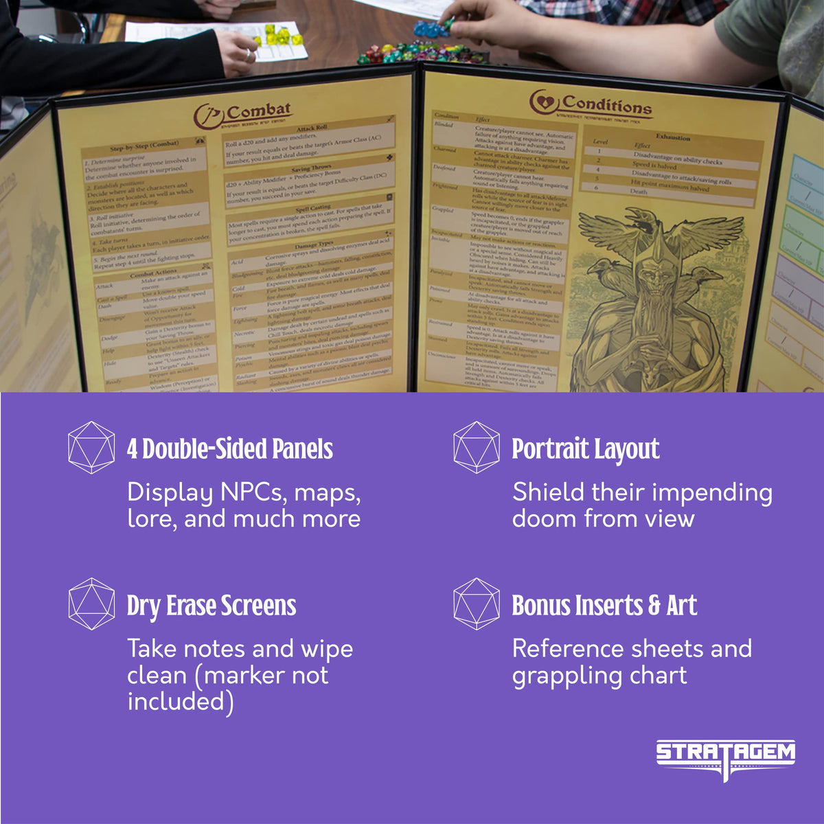 Stratagem The Master's Tome 4-Panel Customizable GM Screen with Free Inserts - Dry Erase, Dungeon & Game Master Accessory for Tabletop RPG Campaigns