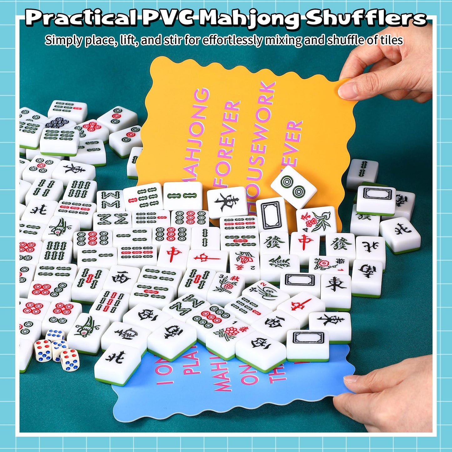 Maitys 4 Pcs Color Mahjong Shuffler Cards with Funny Sayings for Mixing Shuffling Tiles Thick PVC Shufflers with Wavy Scalloped Edges Mahjong