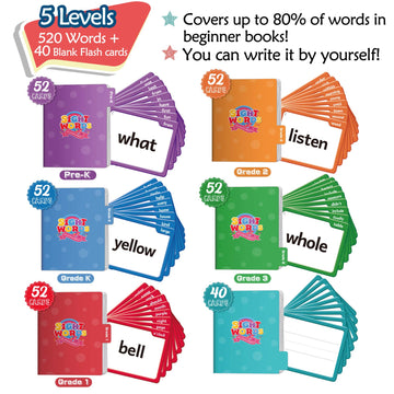 Torlam 520 Sight Words Flash Cards Kindergarten Homeschool Supplies with Card Folders & Rings - High Frequency Site Word for Pre-k Kindergarten 1st
