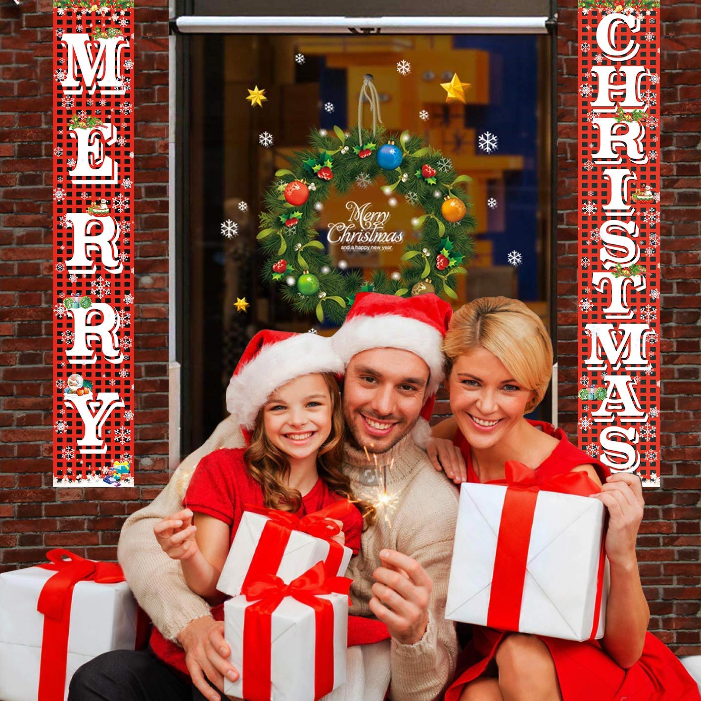 FECEDY Merry Christmas Hanging Banner Porch Sign with Pattern Christmas Tree Presents Snow Banner for Home Yard Indoor Outdoor Wall Door Christmas
