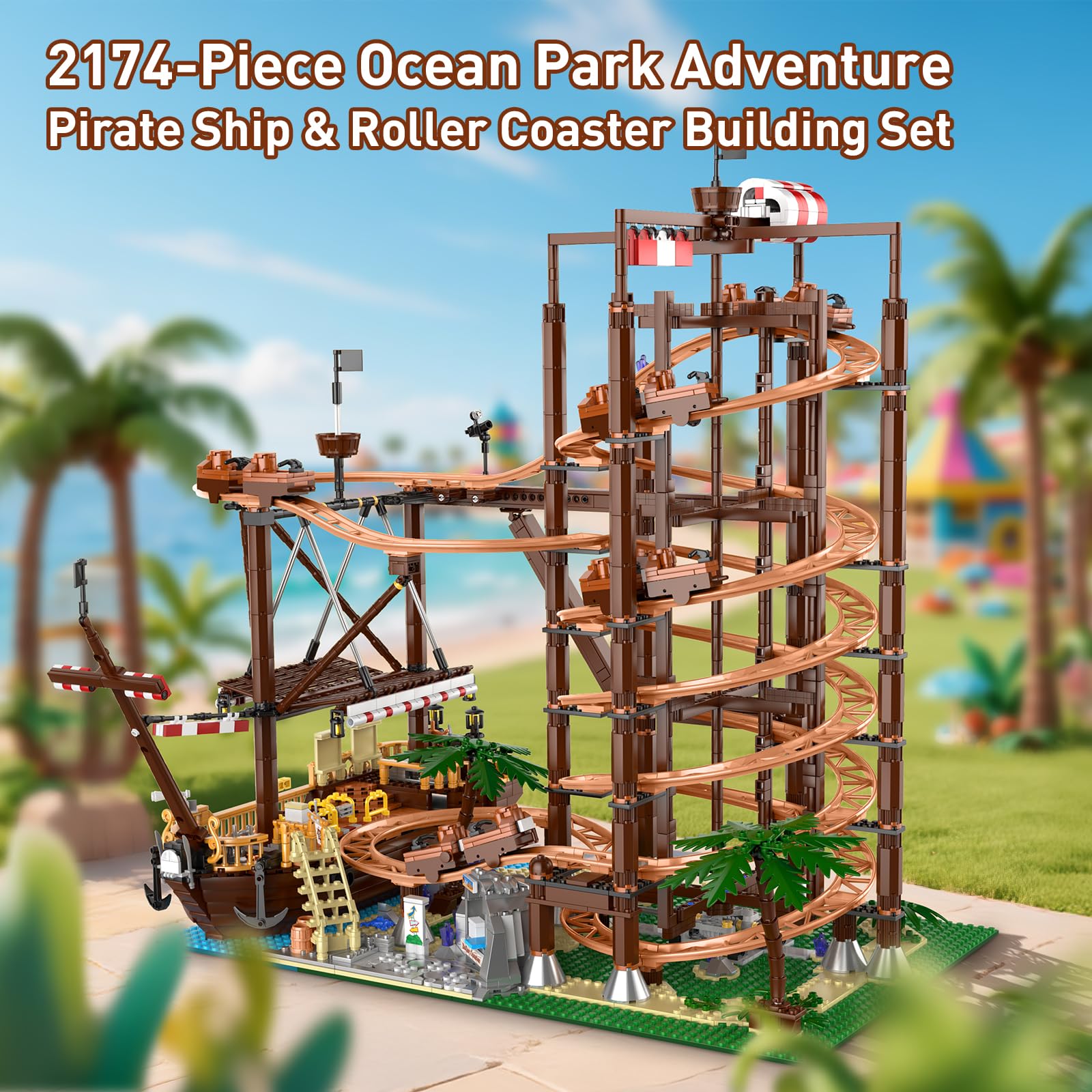 Mould King 11013 Roller Coaster & Pirate Ship Building Set, 2174-Piece Amusement Park Model with Motorized Loop Coaster, Double Helix Roller Coaster