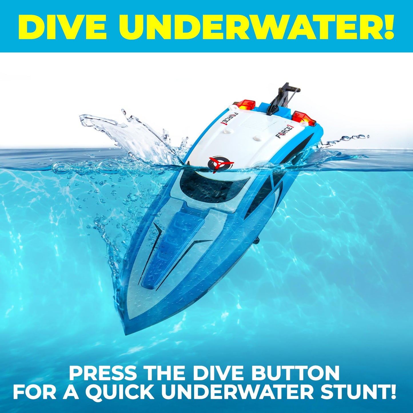 Force1 Velocity Blue Fast RC Boat- Remote Control Boats for Adults and Kids, Underwater Speed Racing Mini RC Boats for Pools and Lakes, 2.4GHZ